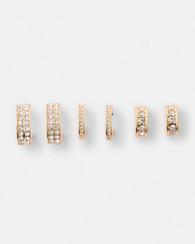 3 Pack Diamante Hoop Earrings - Gold 