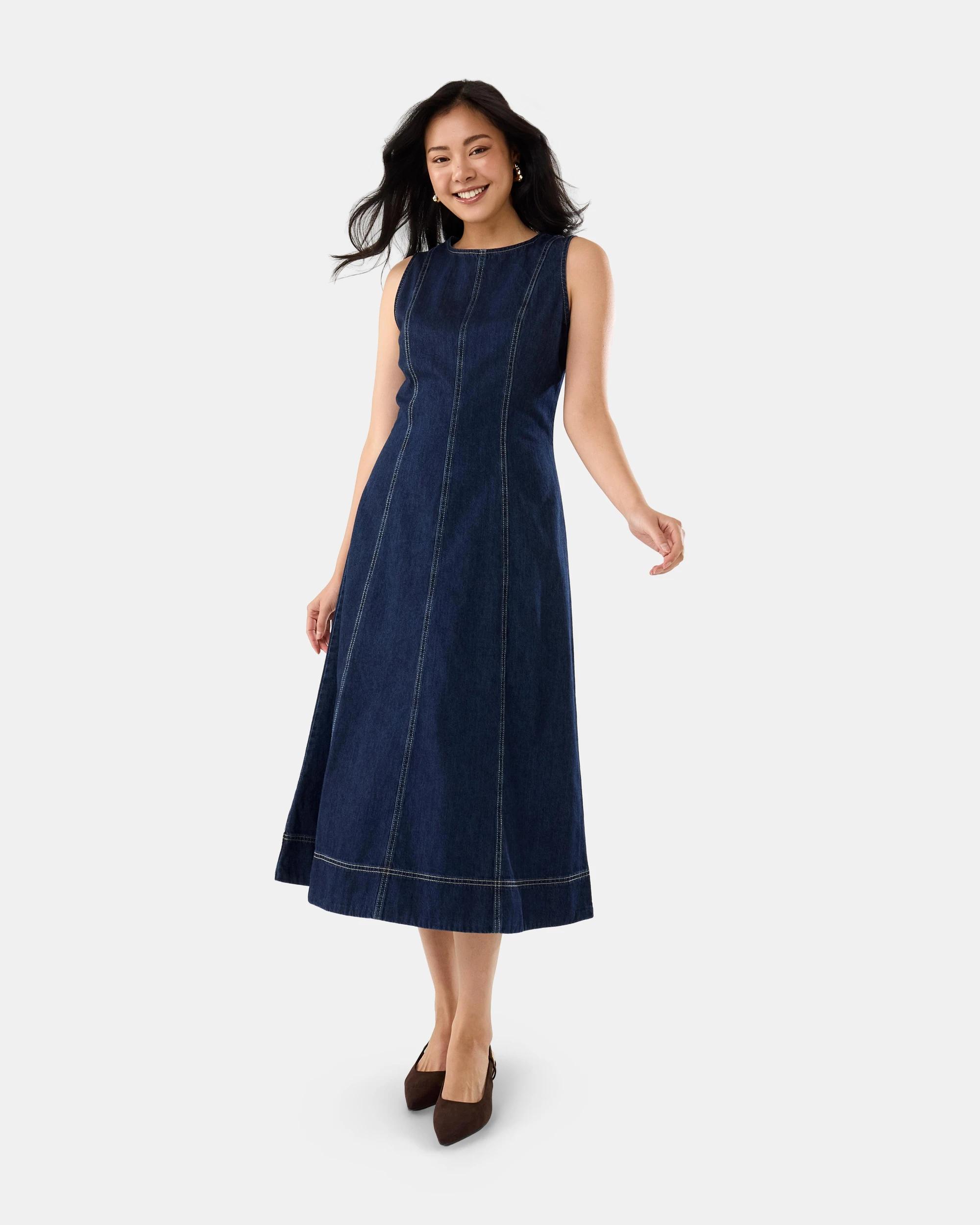 1 Sleeveless Denim Midi Dress Dark Denim, 1 of 7