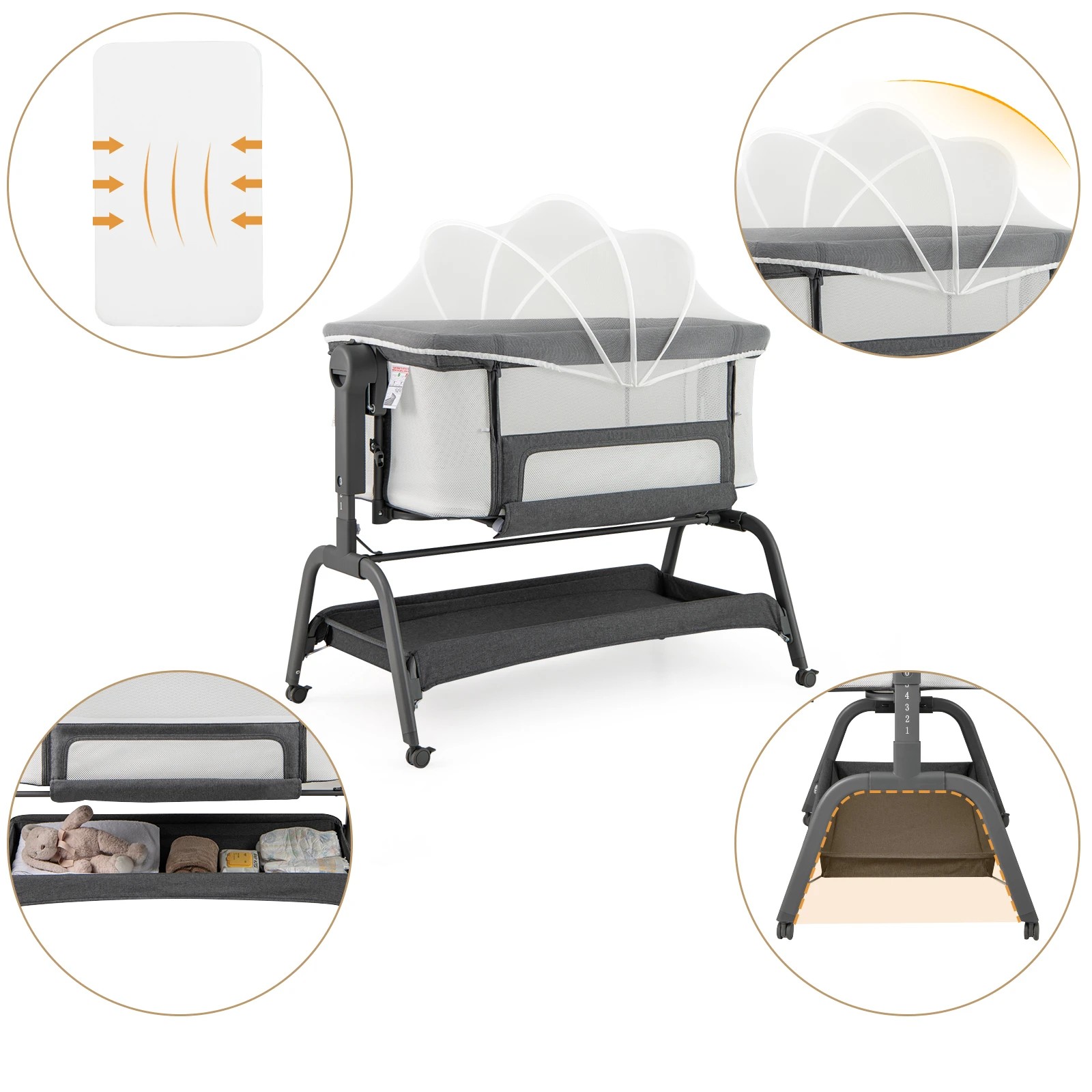 3 Costway 4-in-1 Baby Cot Bed Mobile Bedside Sleeper - Black, 3 of 6