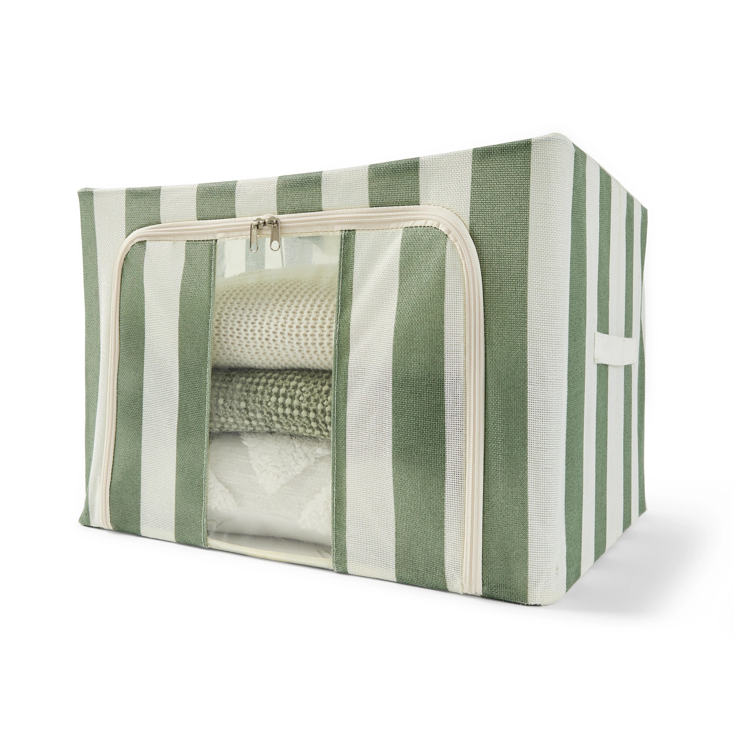 2 Linen Look Collapsible Box with Window - Large, Green Stripe, 2 of 9