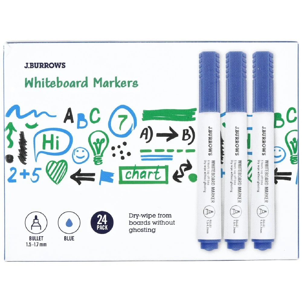 1 J.Burrows Whiteboard Markers Bullet Blue 24 Pack, 1 of 3