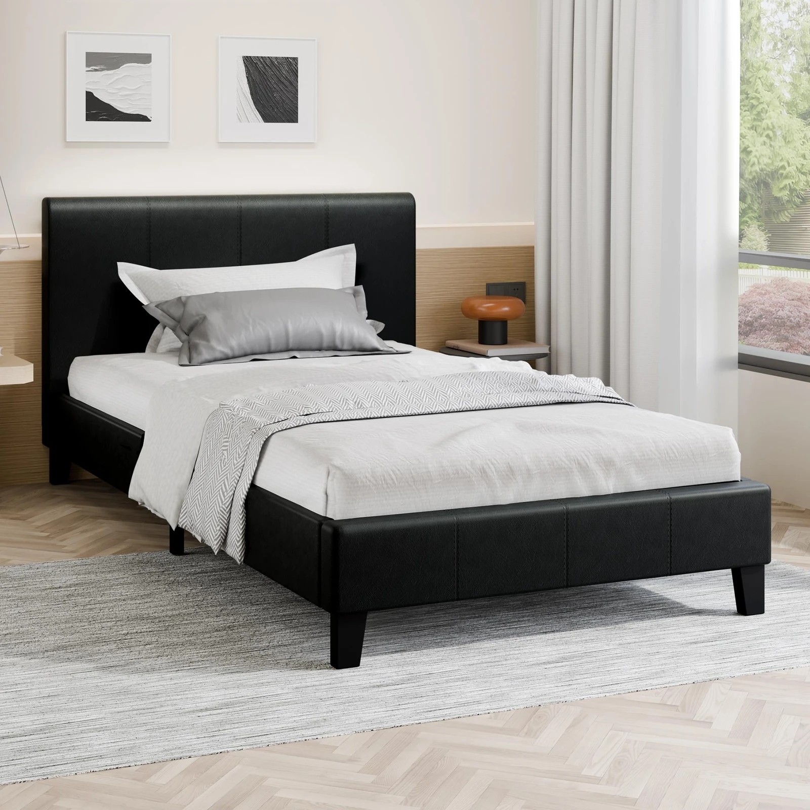 7 Alfordson Bed Frame Single Size Mattress Base Wooden Platform Leather - Black, 7 of 10
