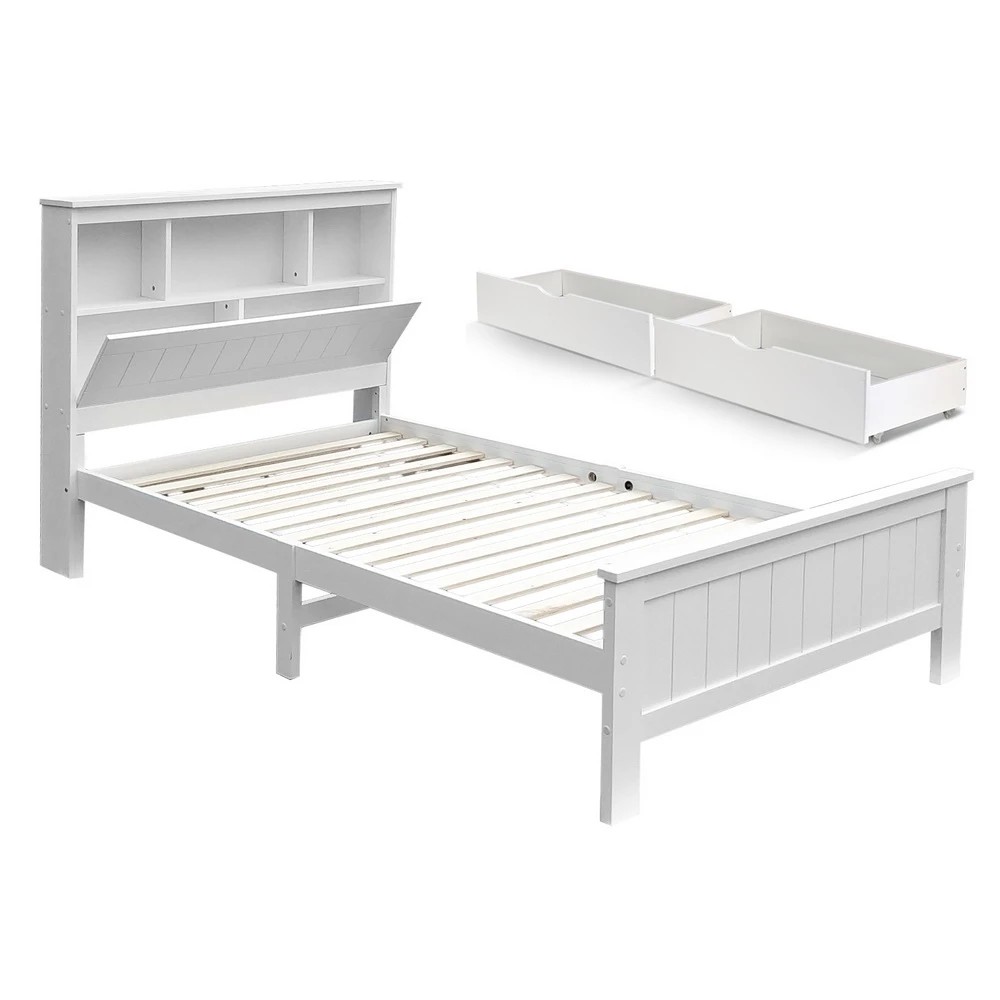 1 Artiss Bed Frame King Single Size Wooden with 2 Storage Drawers - White, 1 of 8