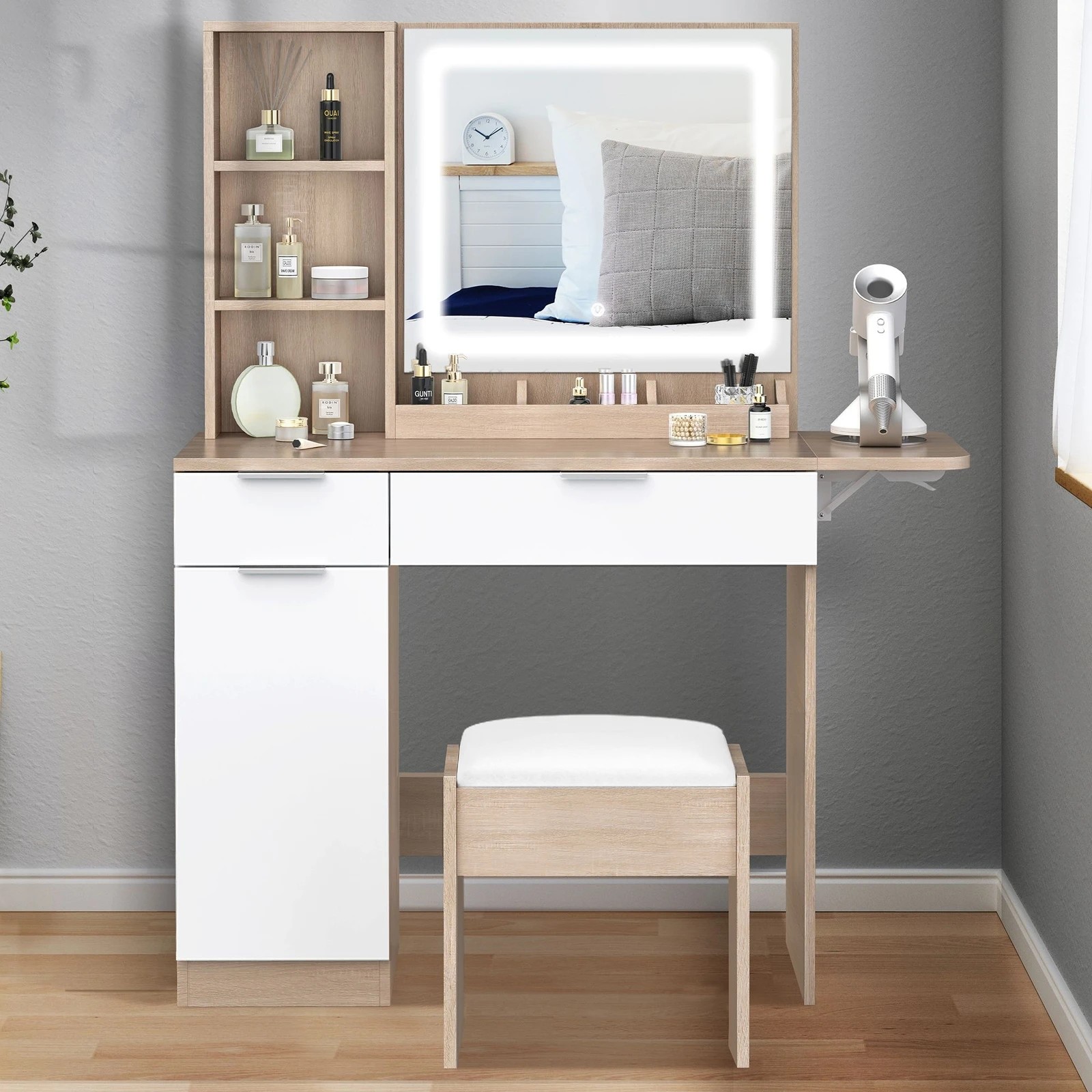 2 Alfordson Dressing Table Stool Set LED Vanity Desk Makeup Mirror Drawers - Oak, 2 of 10