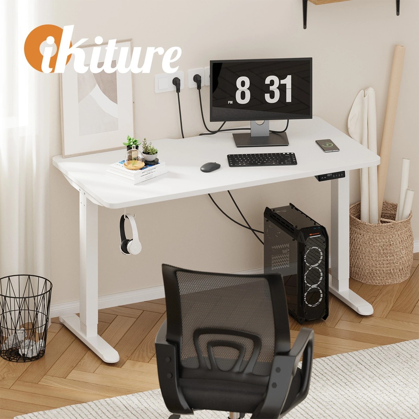 3 Oikiture Electric Standing Desk With Wireless Charging Single Motor 140cm
 - White, 3 of 4