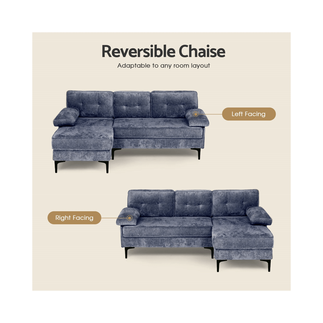8 Advwin 3 Seater Sofa L-shape Chenille Lounge Couch W/ Reversible Chaise Blue, 8 of 9