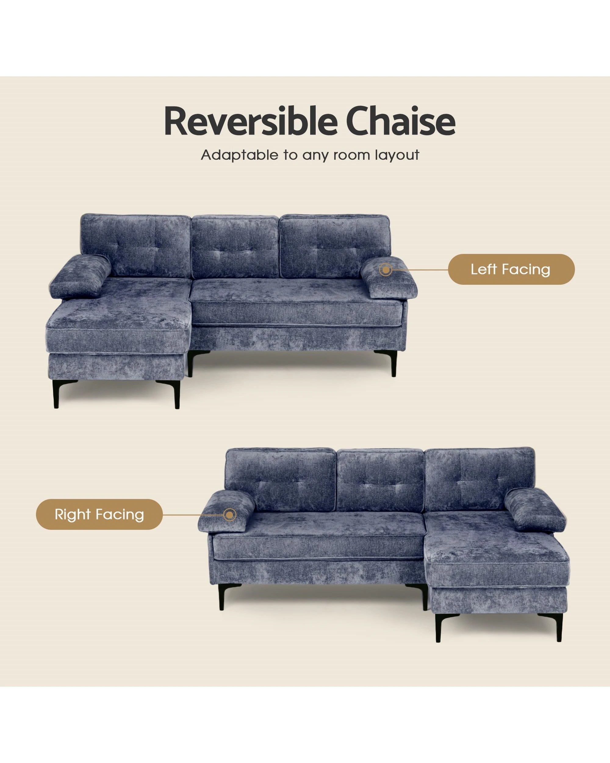 8 Advwin 3 Seater Sofa L-shape Chenille Lounge Couch W/ Reversible Chaise Blue, 8 of 9