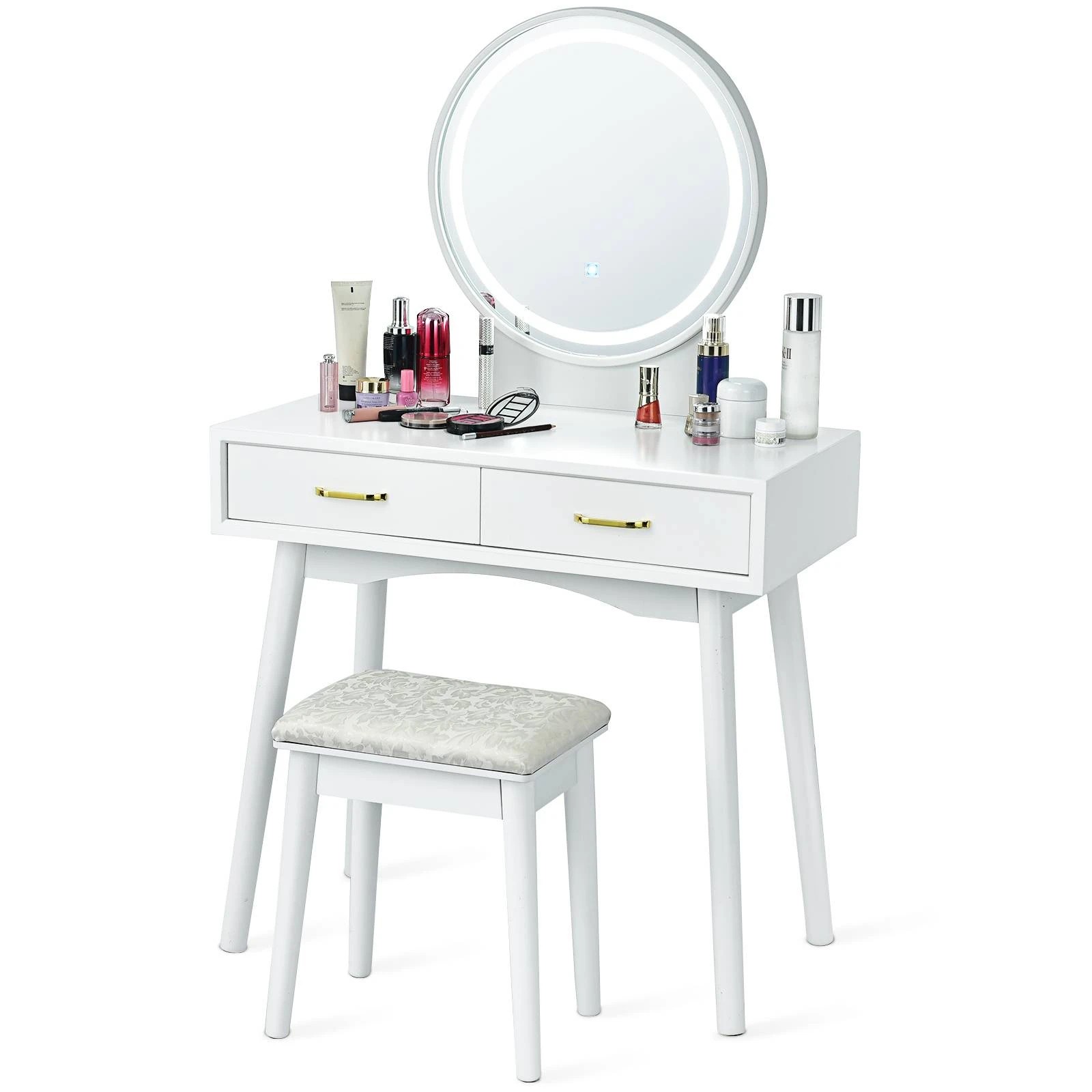 2 Costway Makeup Dressing Table Set w/3 Color Lighted Mirror Rubber Wood Vanity Table Set, 2 of 2