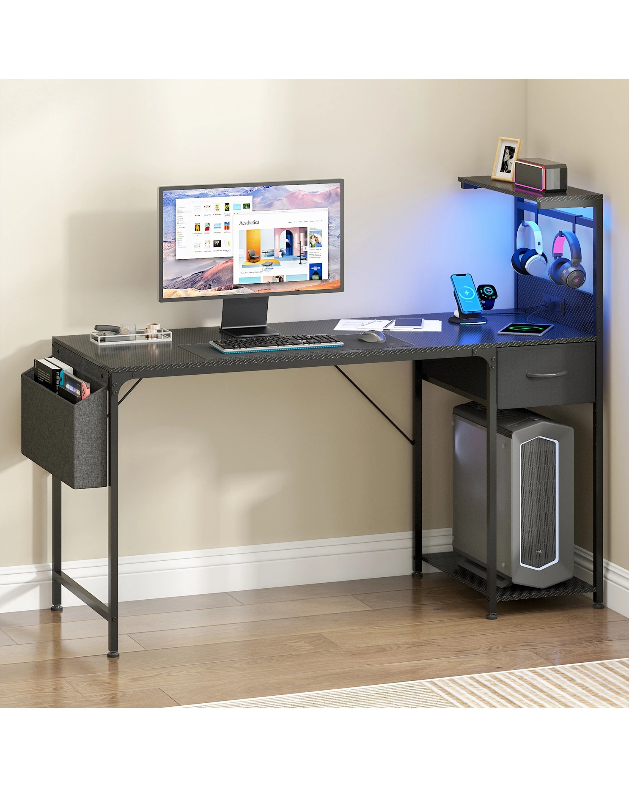 2 Advwin Gaming Desk with LED Lights & Power Outlets Reversible Storage Shelf 120cm Computer Desk with Fabric Drawer, 2 of 10