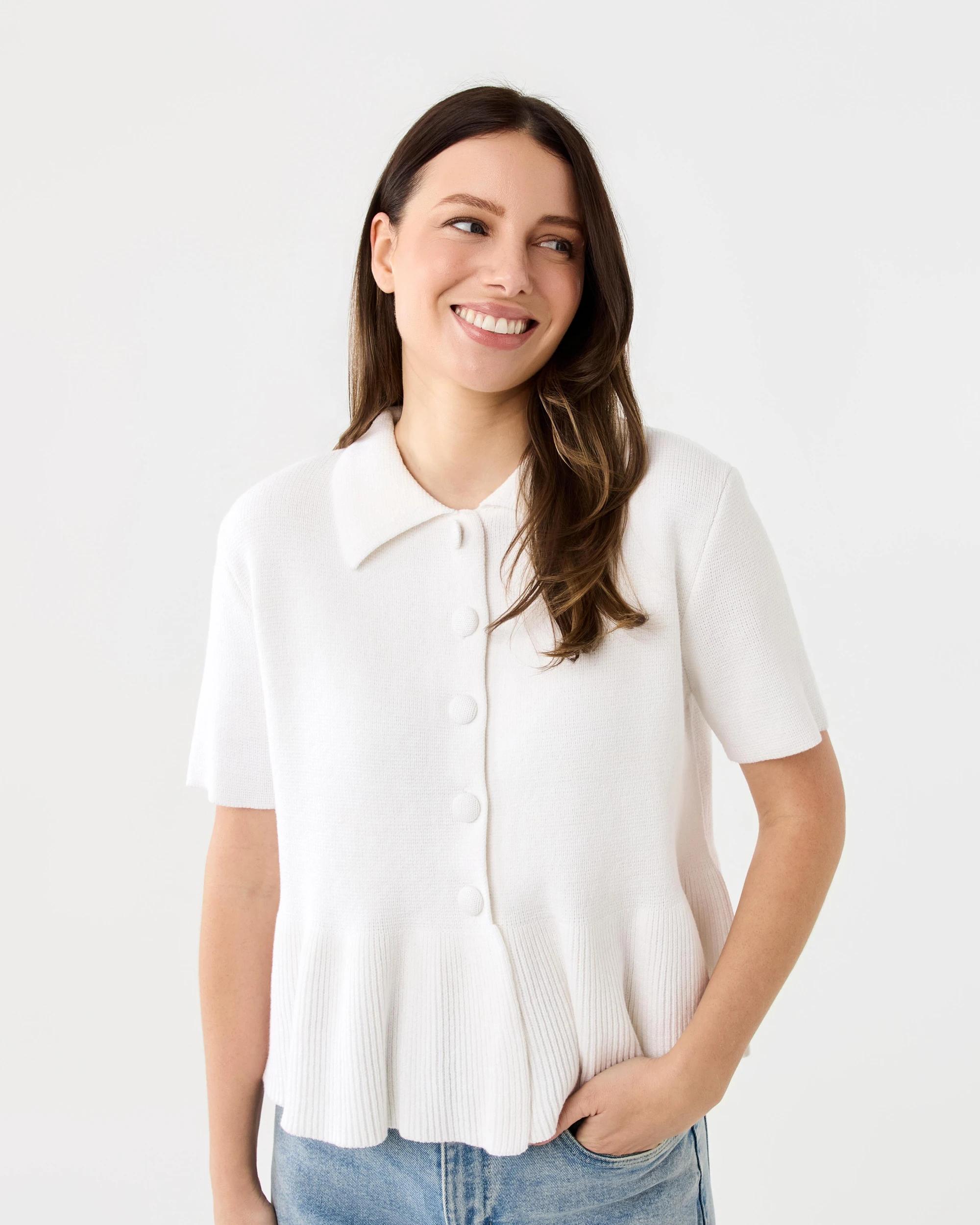 1 Short Sleeve Peplum Knit Cardigan White, 1 of 7