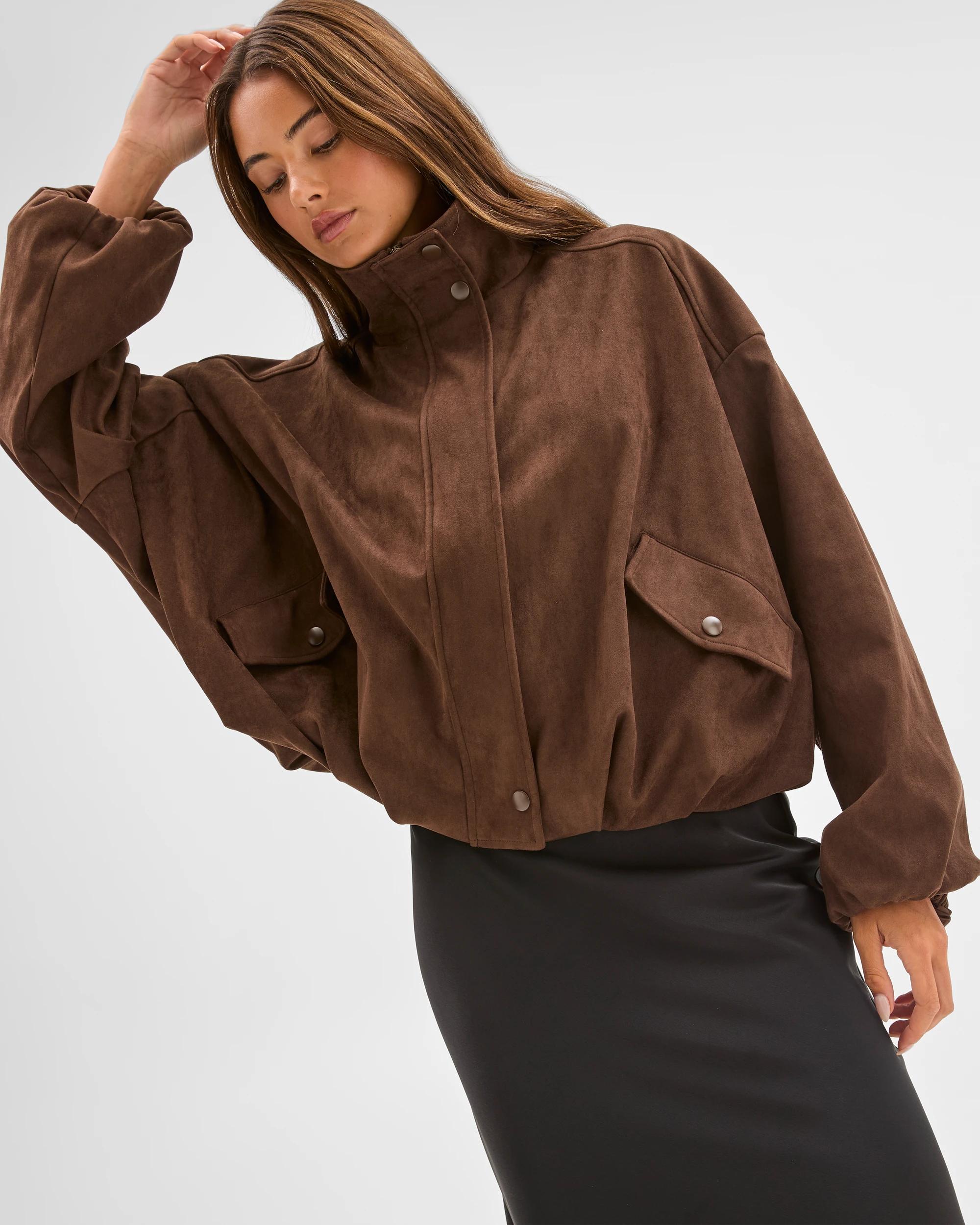 4 Lily Loves Faux Suede Bomber Jacket DARK COCOA, 4 of 7