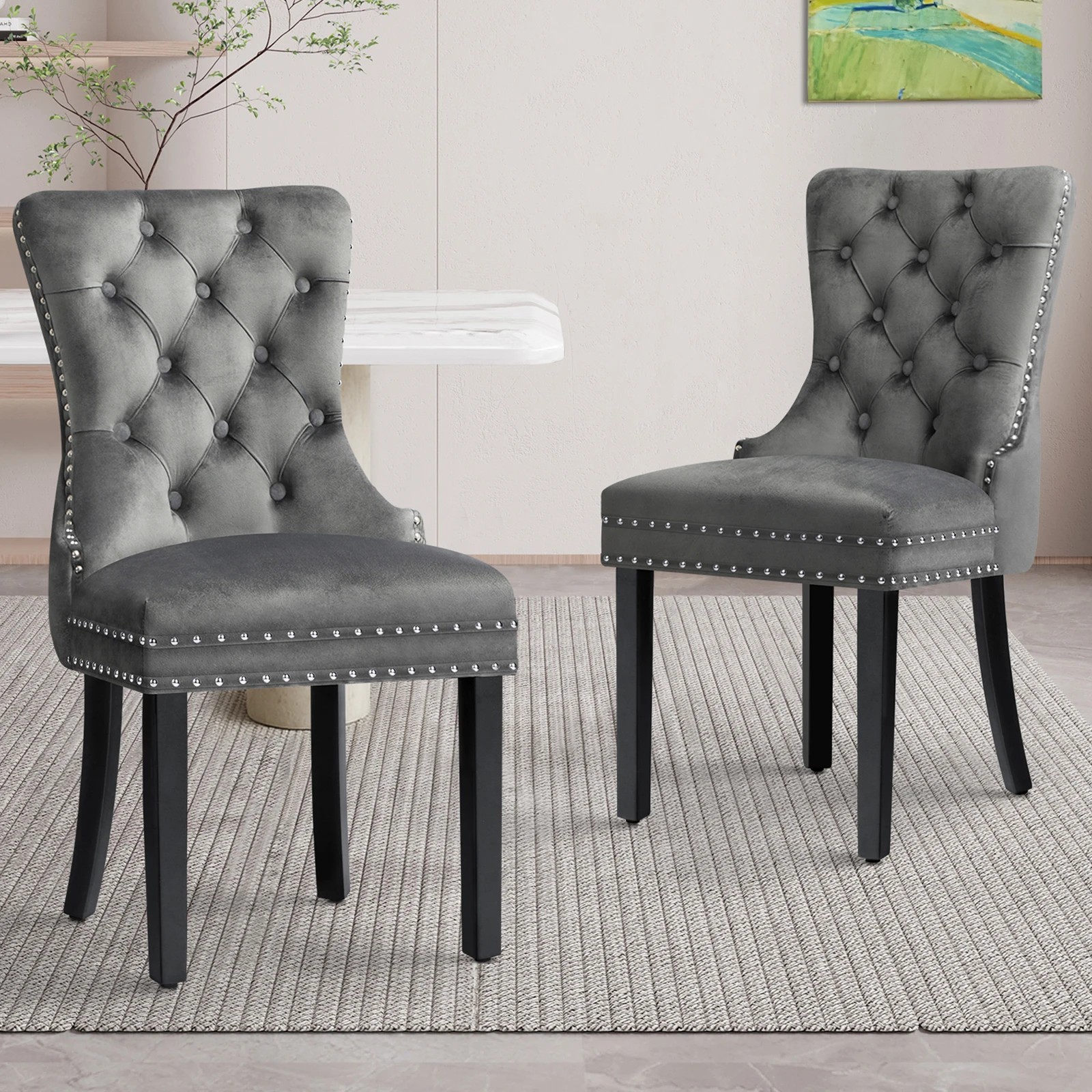 2 Alfordson 2x Dining Chair Kitchen Lounge Retro Button Tufted Wooden Velvet - Grey, 2 of 10