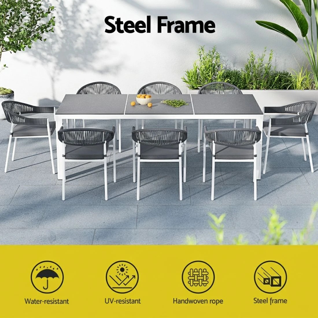 3 Gardeon Outdoor Dining Set 9 Piece Steel Table Chairs Setting - White, 3 of 5