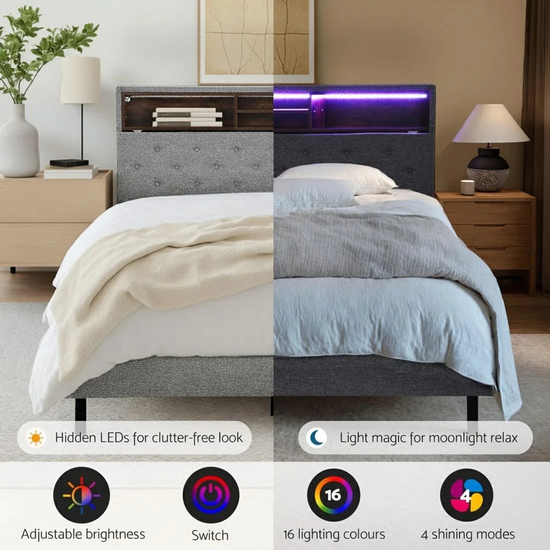 4 Artiss Bed Frame King Single Size LED Mattress Base Platform with Storage Shelf Hidden Storage Box - Black, 4 of 8