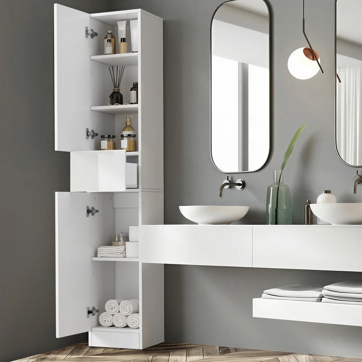 3 Oikiture Tall Bathroom Cabinet Storage Laundry Slim Toilet Floor Cupboard - White, 3 of 10