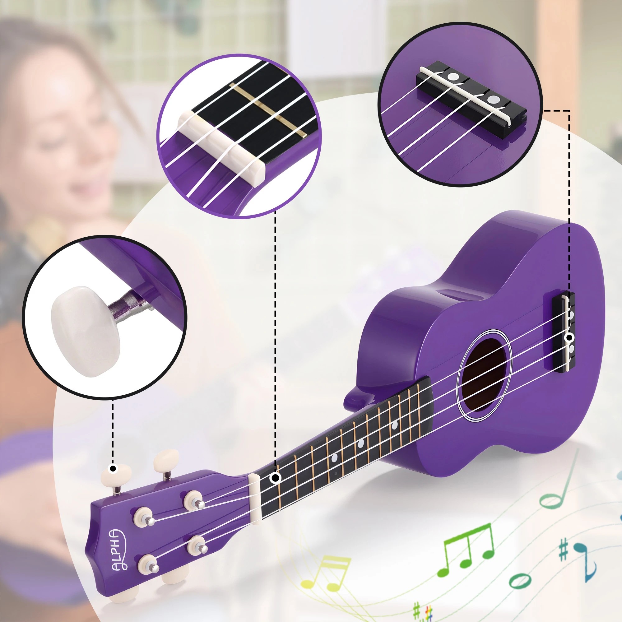 7 Alpha 21 Inch Ukulele Soprano Beginner Acoustic Small Guitar Kids Strings - Purple, 7 of 8