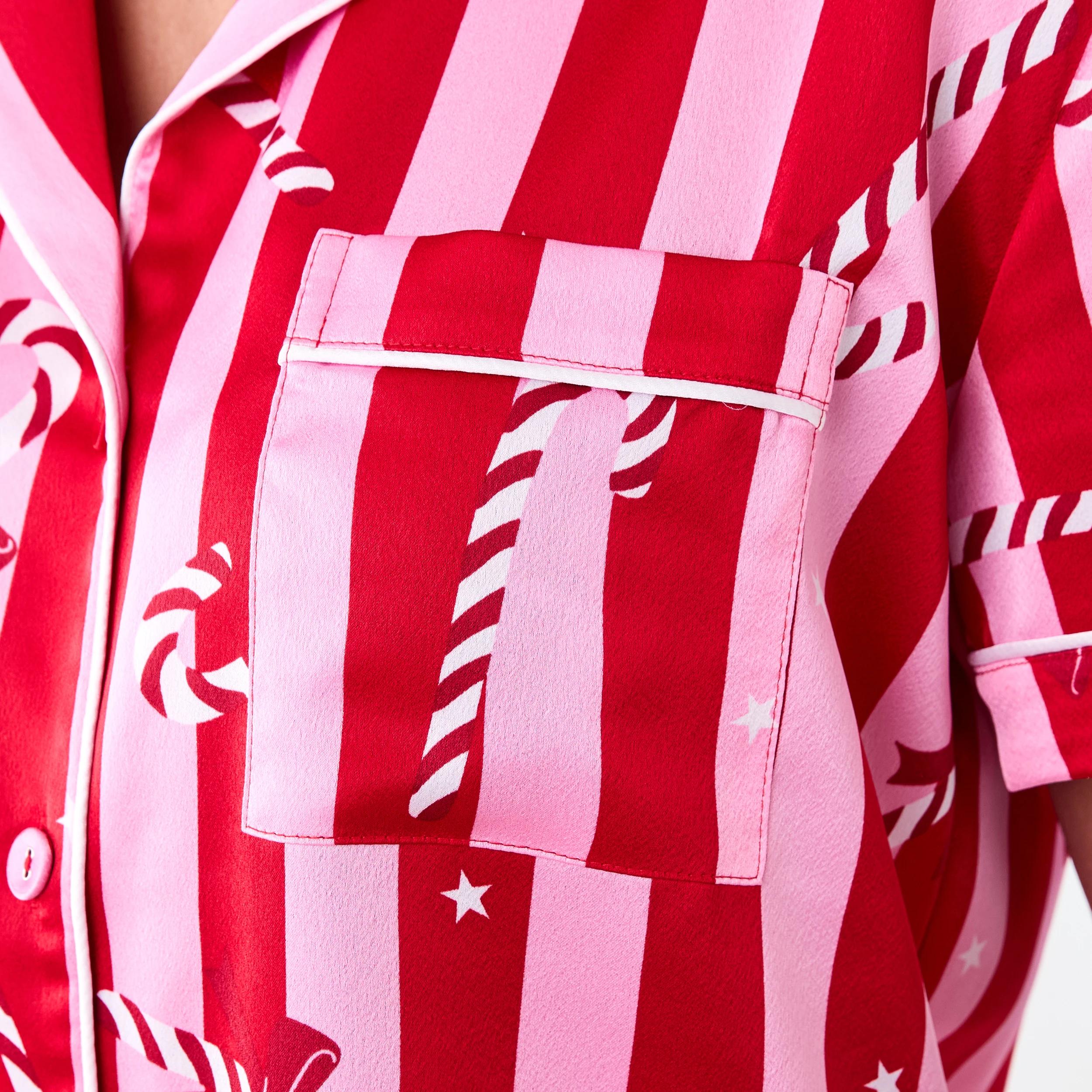 6 Short Sleeve Top and Shorts Christmas Satin Pyjama Set Red Stripe, 6 of 8