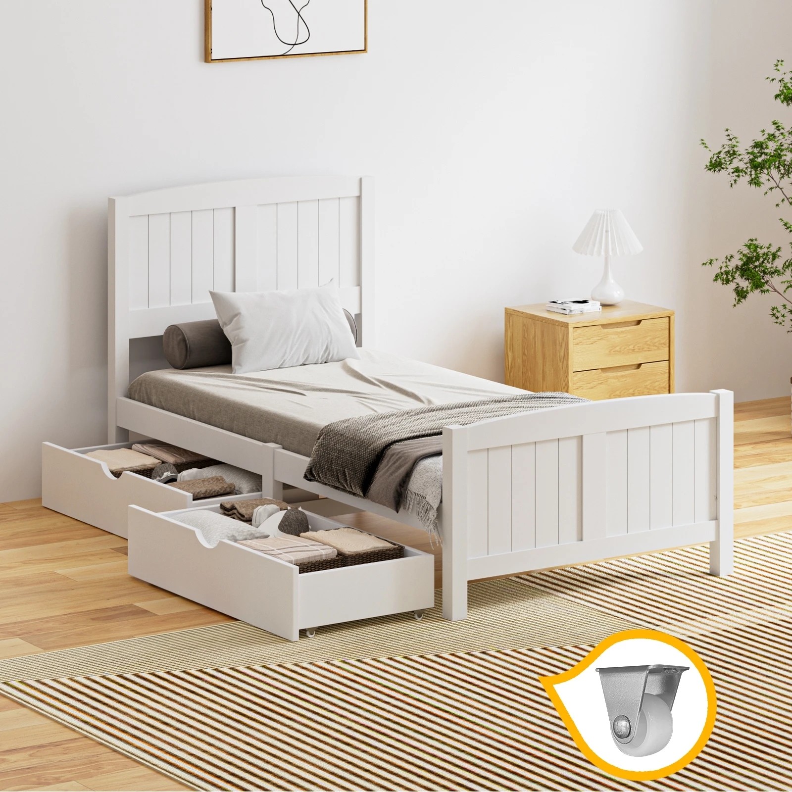 2 Oikiture Wooden Bed Frame Single Size Base With Trundle Storage Drawers
 - White, 2 of 8