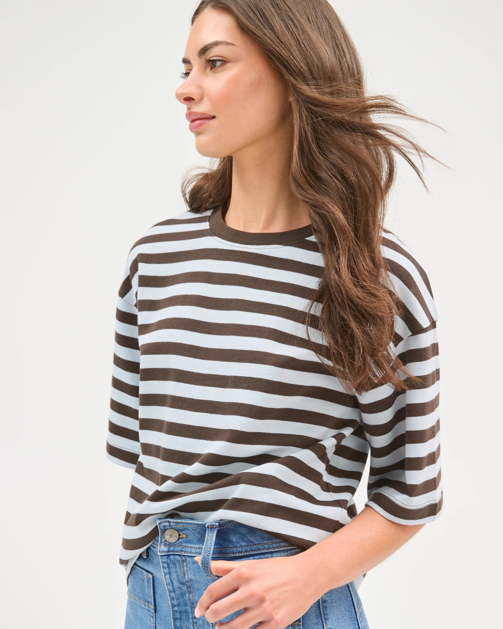 3 Target Petites Australian Cotton 3/4 Wide Sleeve Boxy T-Shirt BLACK COFFEE/BLUE MIST STRIPE, 3 of 7