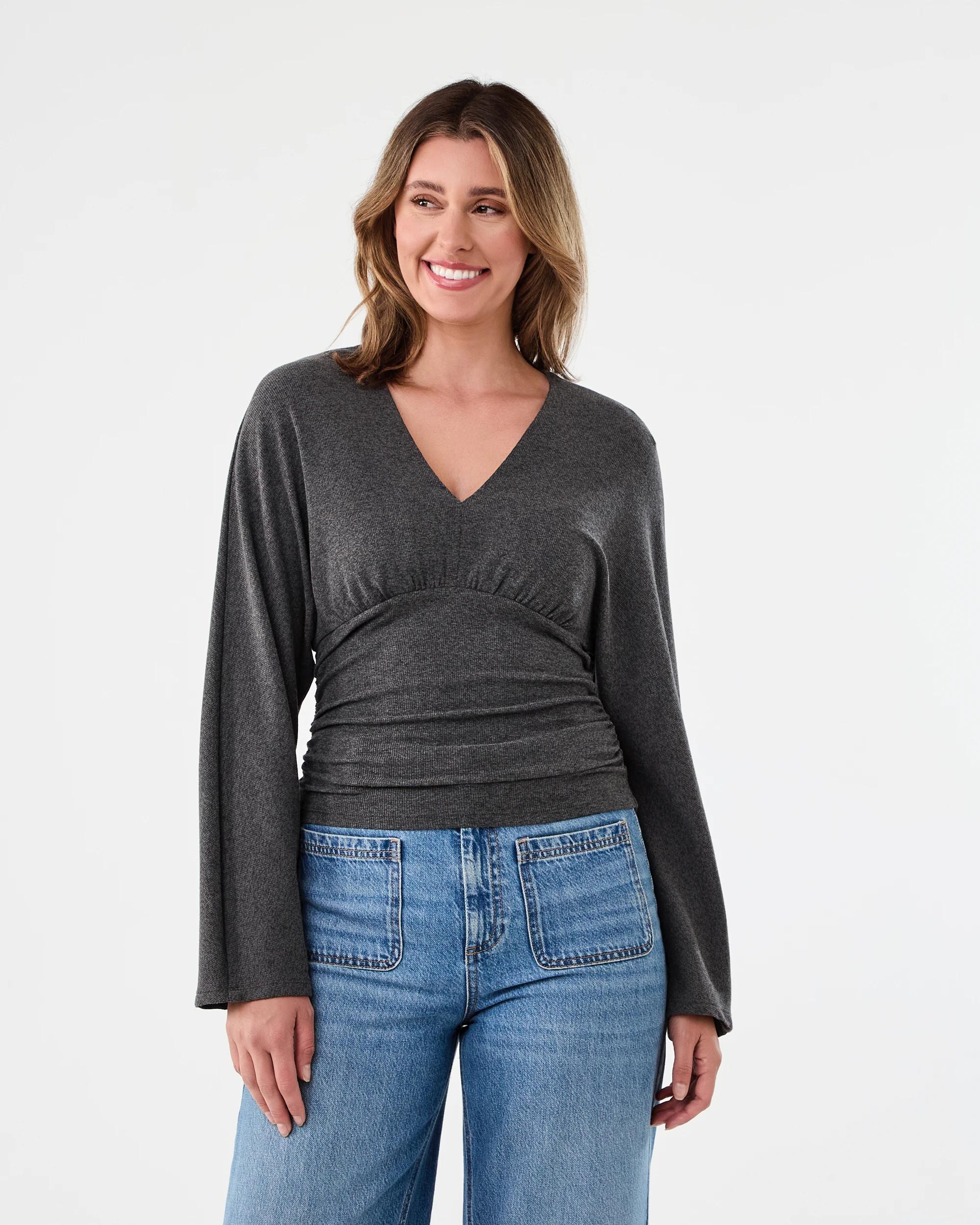 1 Long Sleeve V-Neck Ruched Top Gry Chmrle, 1 of 6