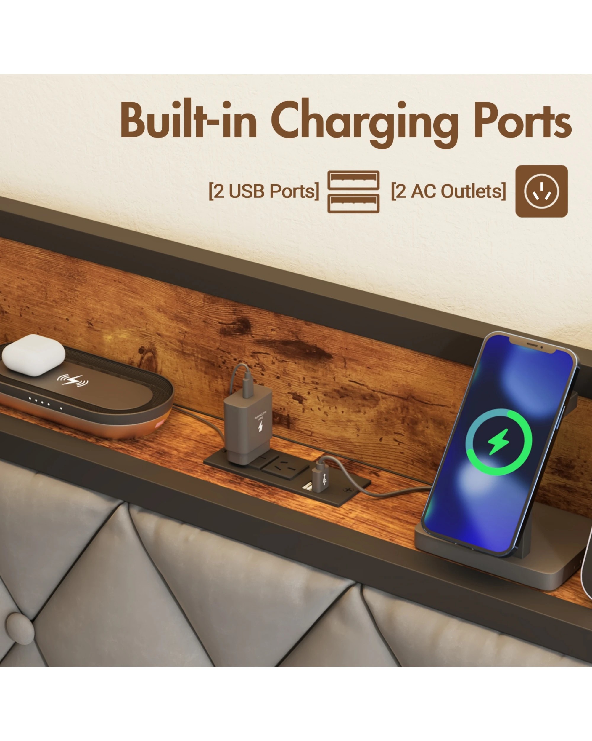 4 Advwin Double Bed Frame With Charging Station & Usb Ports Storage Tufted Headboard Shelf, 4 of 8