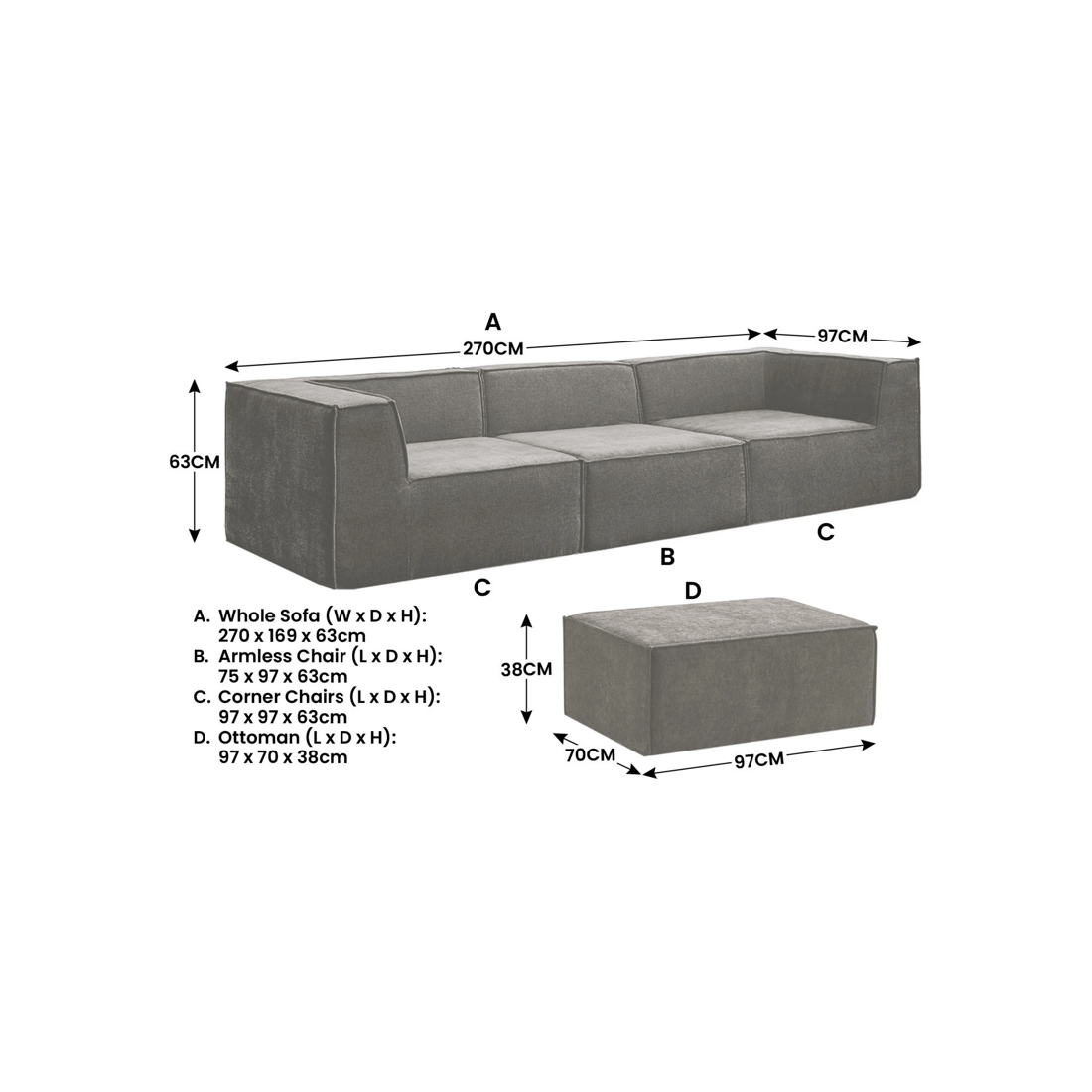4 Sarantino Novi 3-seater Modular Sofa With Ottoman In Grey Non-slip Bottom Lounge, 4 of 9