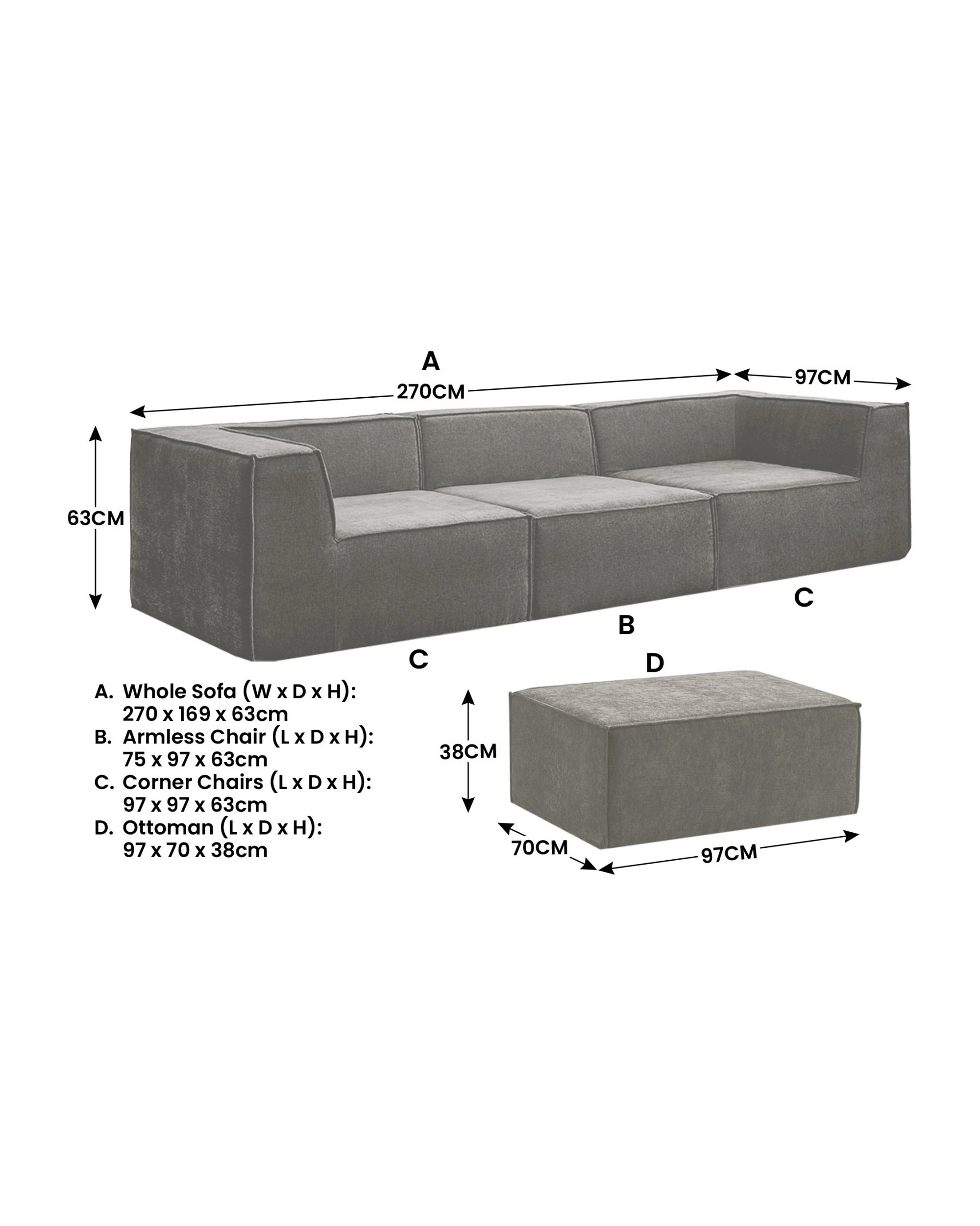 4 Sarantino Novi 3-seater Modular Sofa With Ottoman In Grey Non-slip Bottom Lounge, 4 of 9