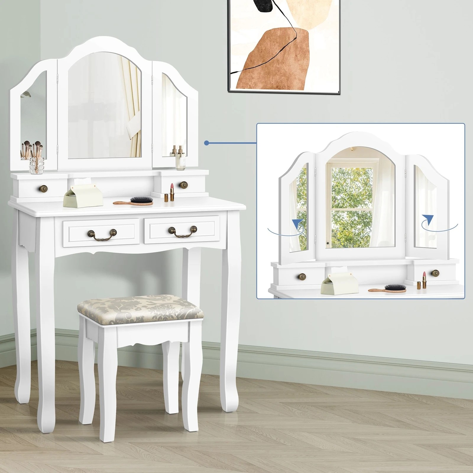 3 Alfordson Dressing Table Stool Set Makeup Foldable Mirror Vanity Desk - White, 3 of 10
