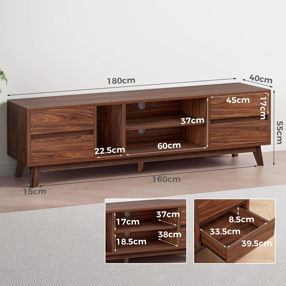 3 Alfordson Entertainment Unit TV Cabinet Stand 180cm Drawer Shelf - Walnut, 3 of 10