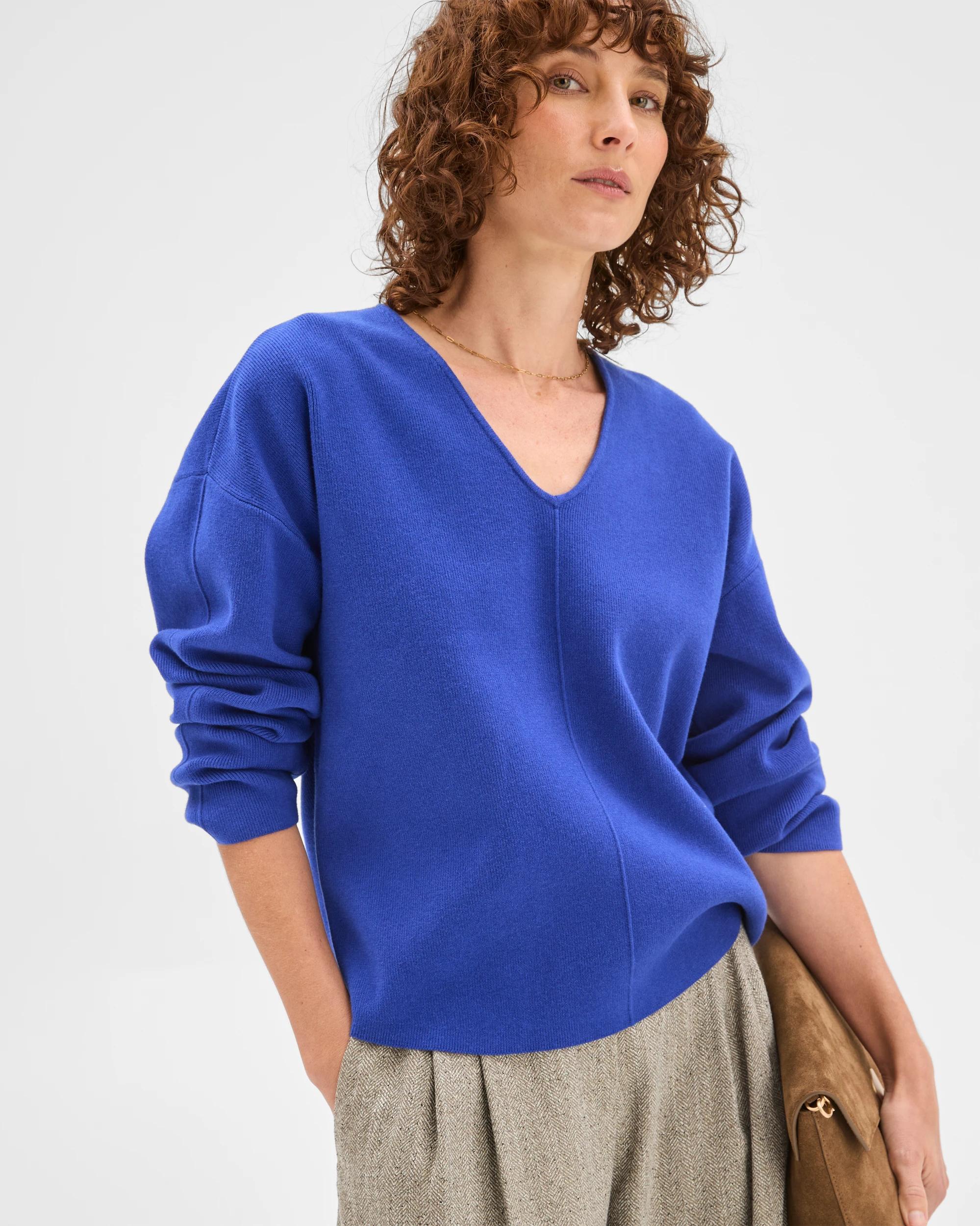 1 Preview Australian Cotton Blend Polished V-Neck Jumper COBALT BLUE, 1 of 6