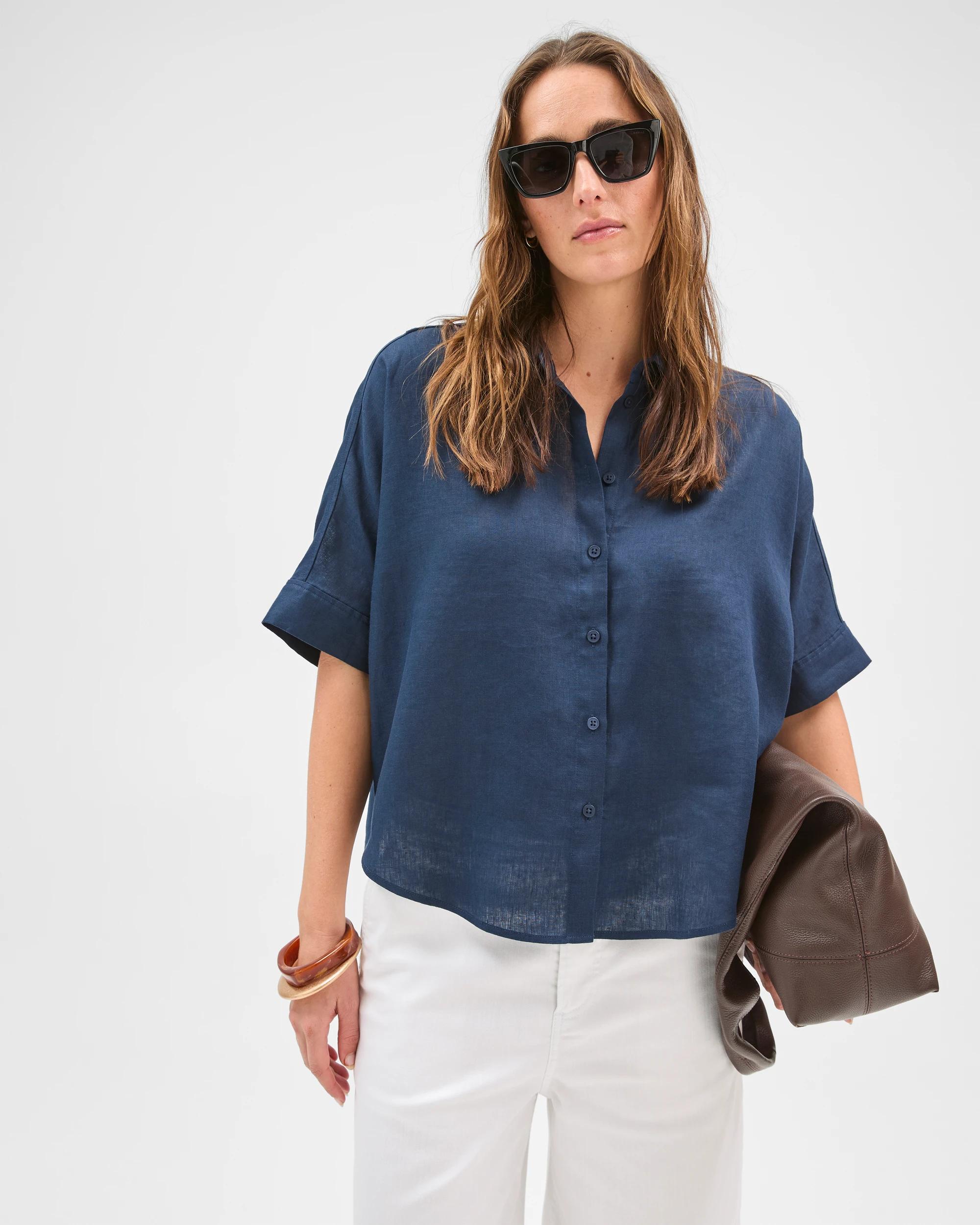 1 Target Woman European Linen Short Sleeve Shirt NAVY BLAZER, 1 of 6