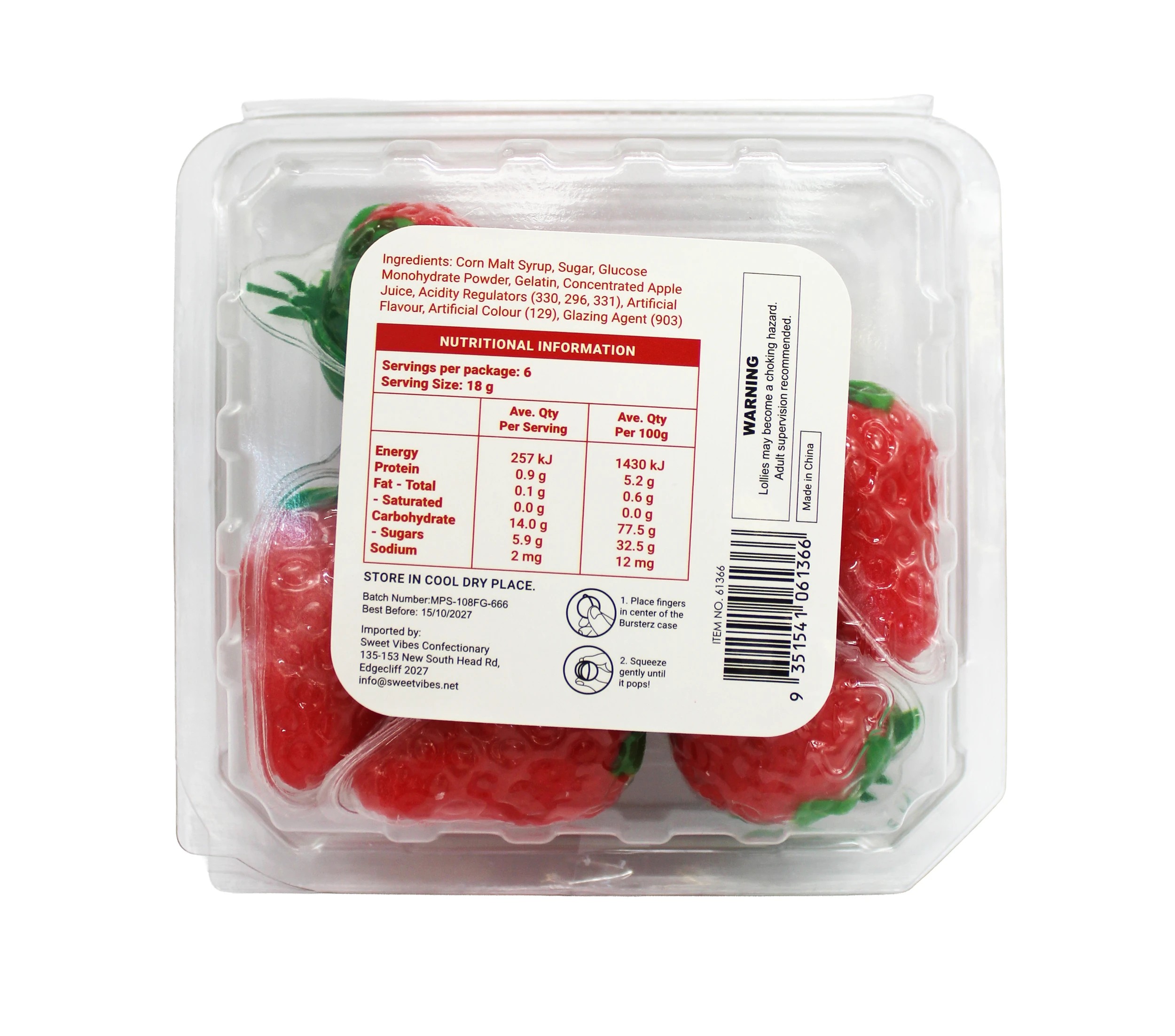 2 SweetVibes Bursterz Liquid Filled Gummies 108g - Strawberry, 2 of 2