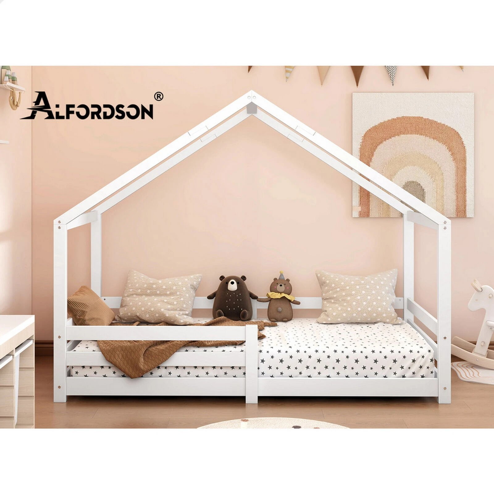 7 Alfordson Kids Bed Frame Wooden Timber Single House Frame Platform Base - White, 7 of 7