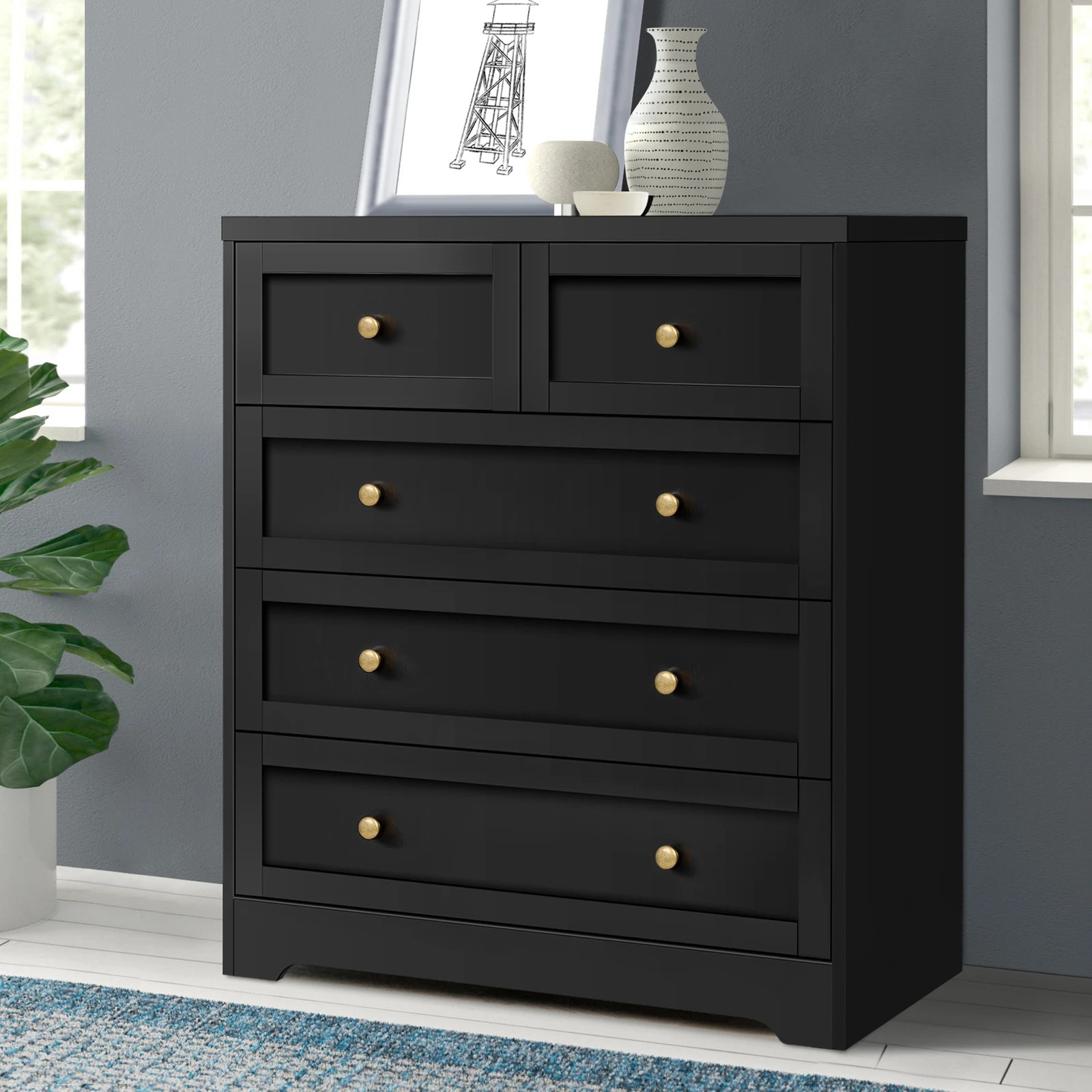 9 Alfordson 5 Chest of Drawers 2x Bedside Table Hamptons Bedroom Storage - Black, 9 of 10
