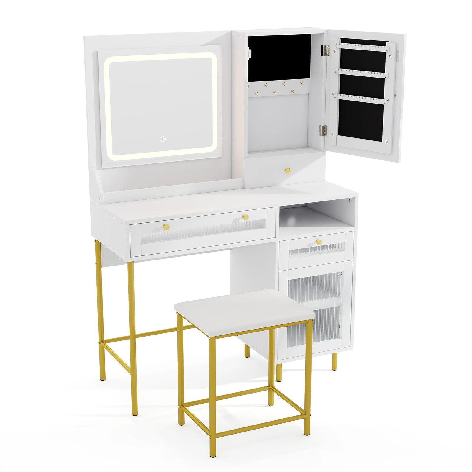 1 Costway 3-Color LED Dressing Table Makeup Vanity Table & Stool Set w/Mirror, 1 of 4