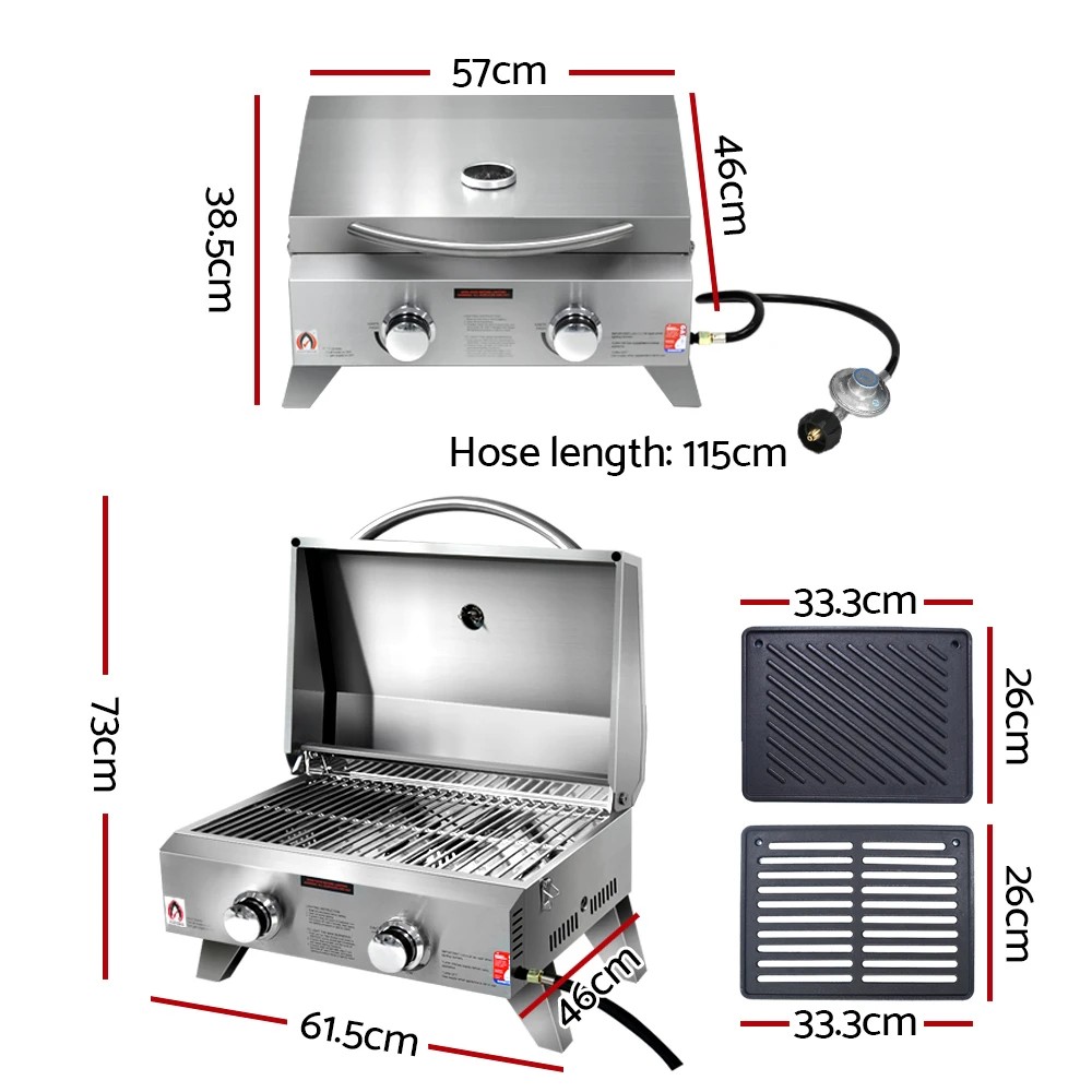 2 Grillz Portable Gas BBQ Grill 2 Burners with 2 Plates - Silver, 2 of 8