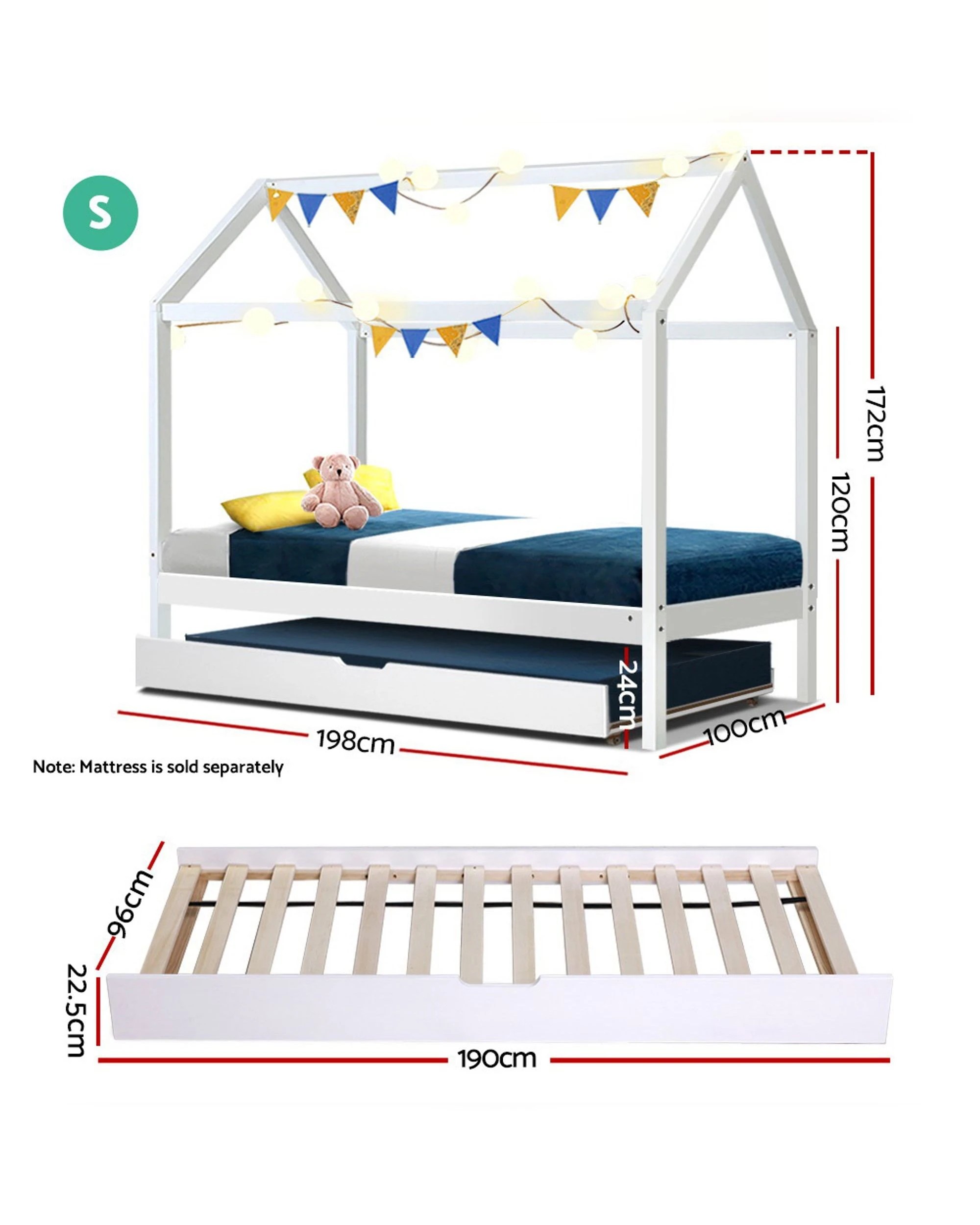 2 Artiss Bed Frame Wooden Trundle Daybed Kids House Frame  HOLY - White, 2 of 4