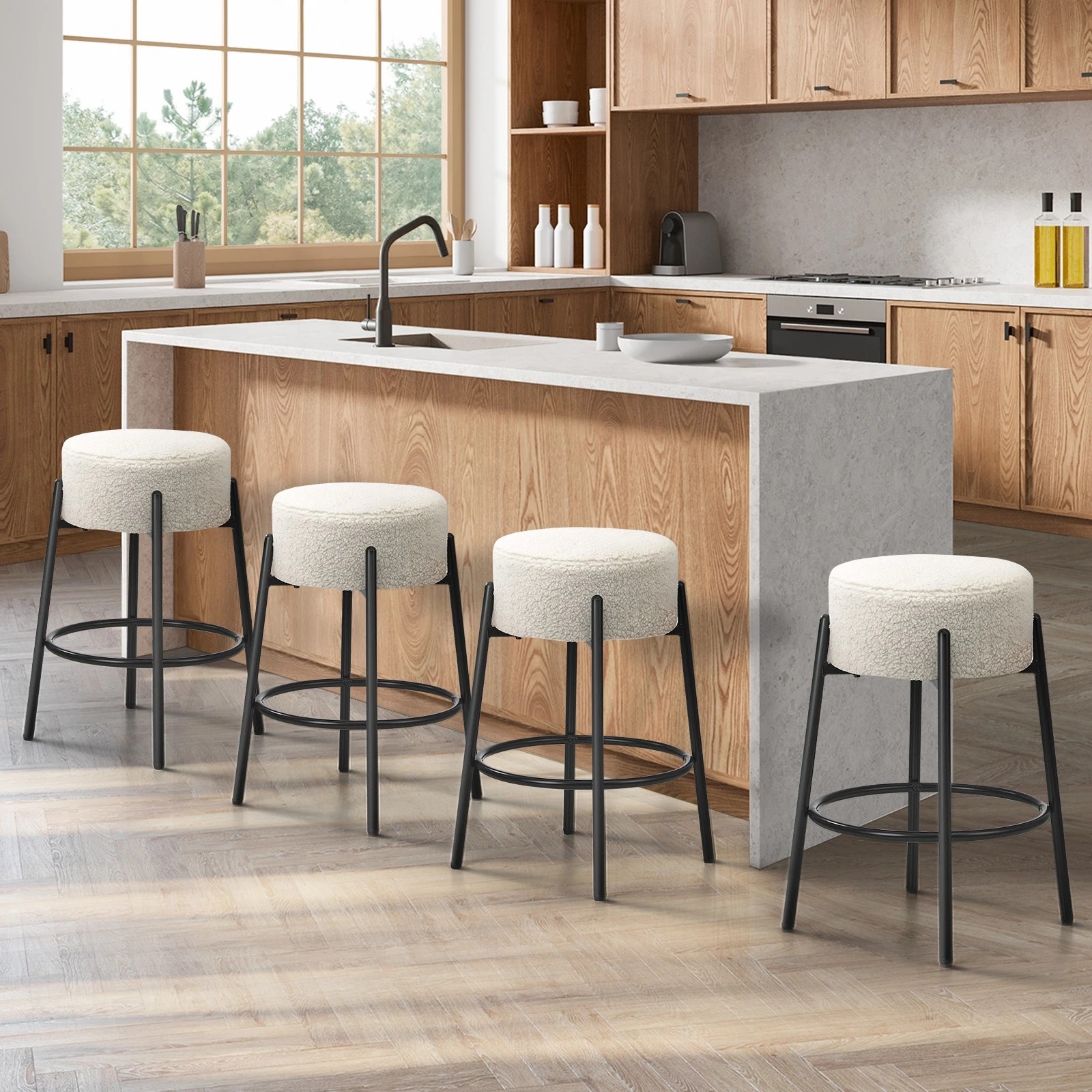 2 Oikiture 4x Bar Stools Kitchen Dining Chair Round Stool Boucle Fabric
 - White, 2 of 10