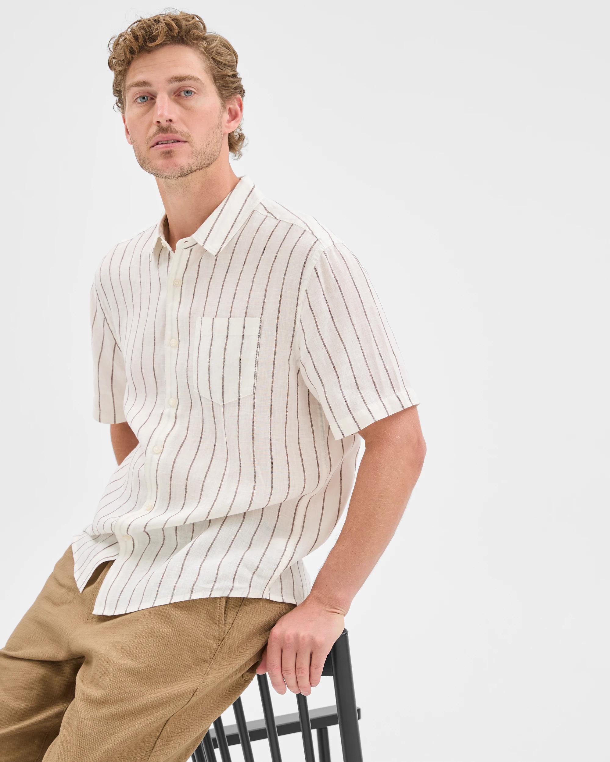1 Target Man European Linen Short Sleeve Shirt CHOCOLATE STRIPE, 1 of 7