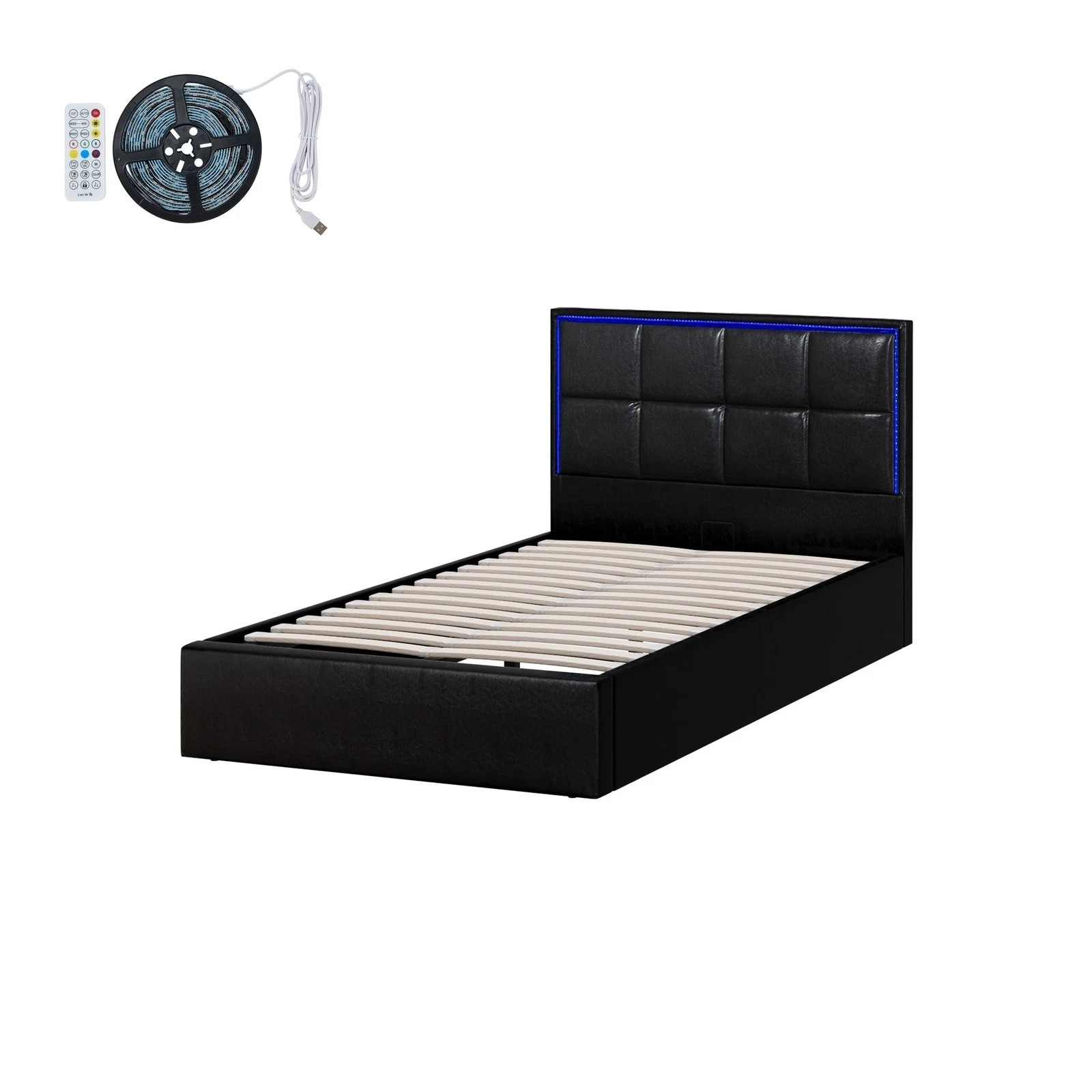 7 Oikiture Bed Frame King Single Size RGB LED Gas Lift Storage Base Leather - Black, 7 of 9