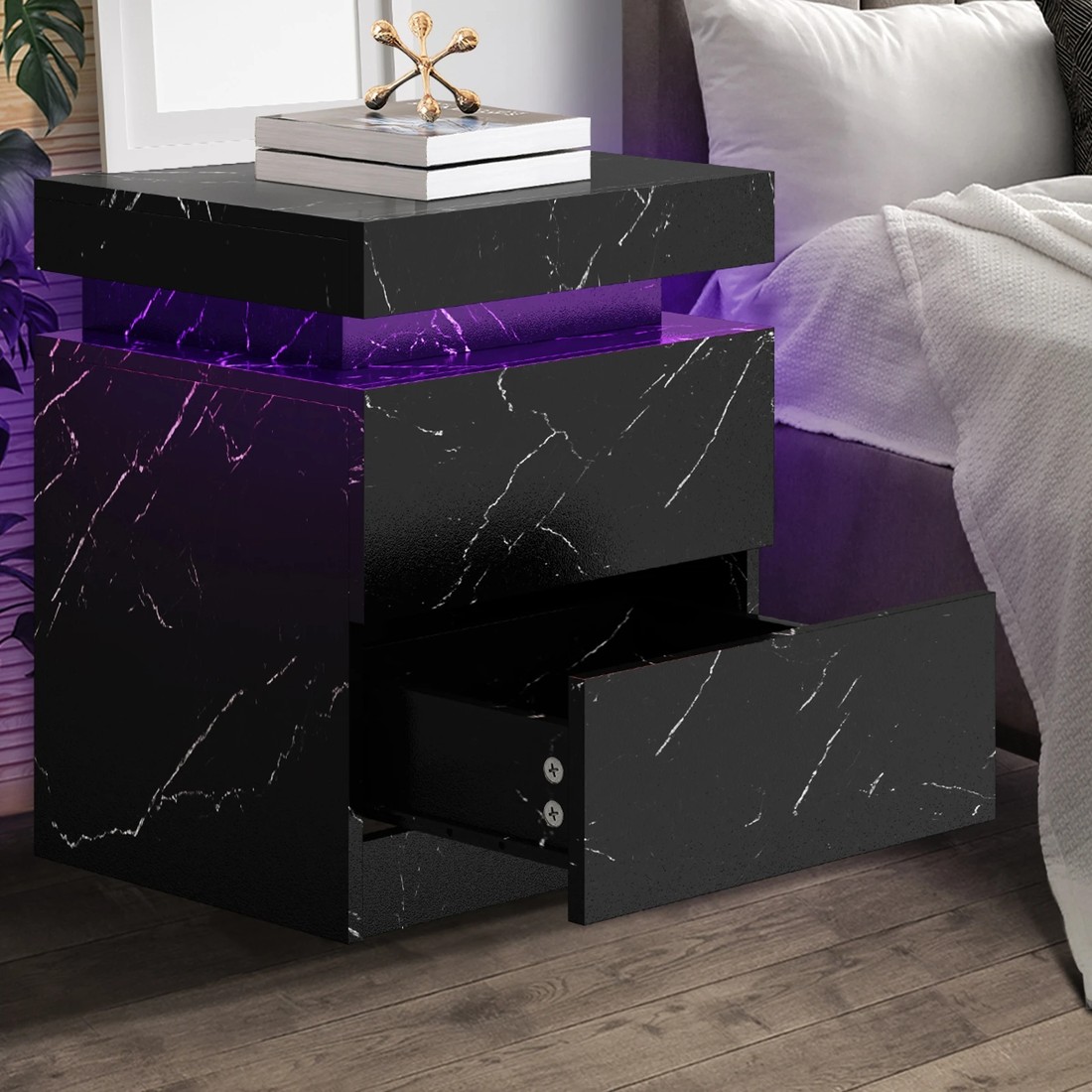 5 Oikiture Bedside Table 2 Drawers Led Side Nightstand Marble Effect
 - Black, 5 of 10