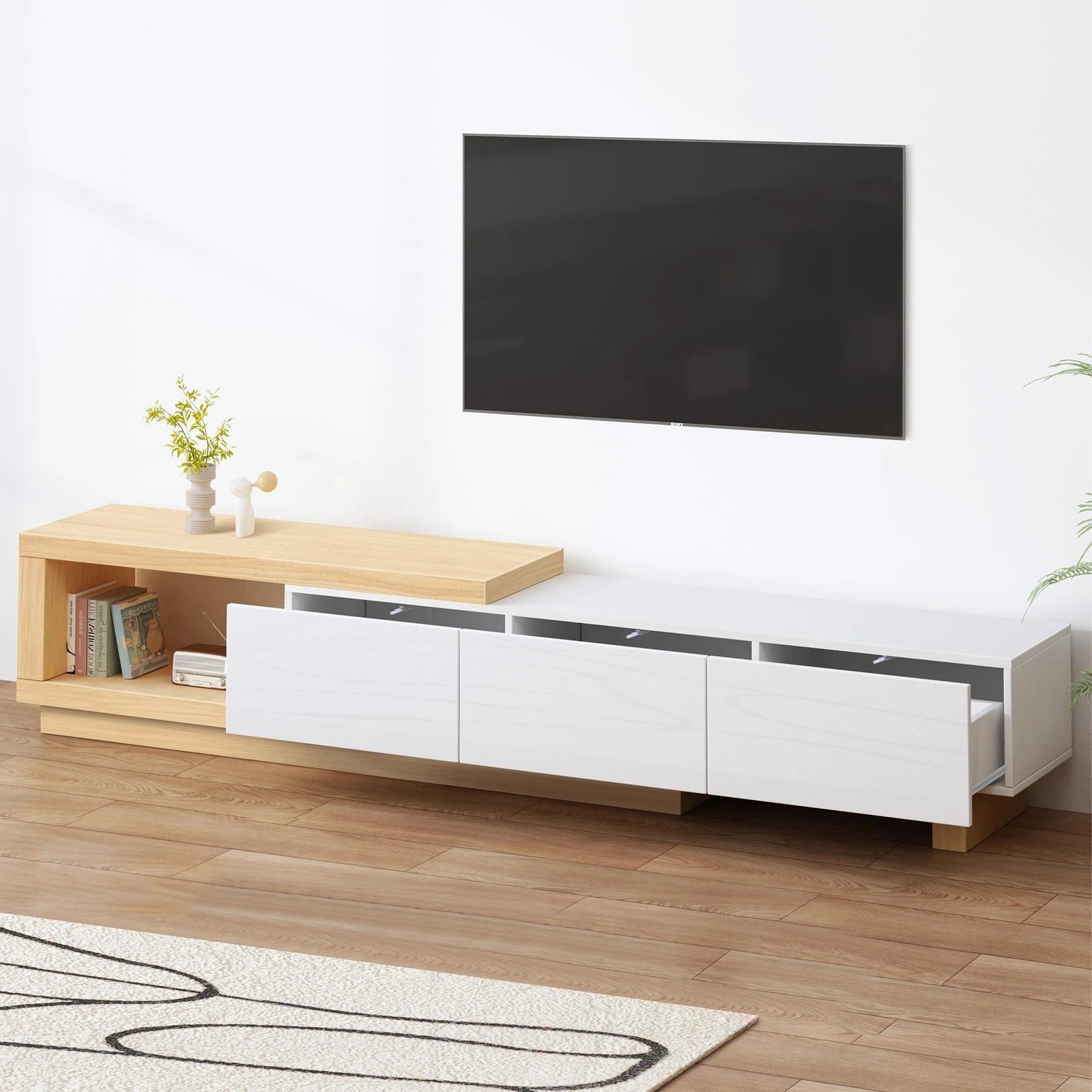 2 Alfordson 190-280cm Extendable Entertainment Unit TV Stand Cabinet Drawer - Wood White, 2 of 10
