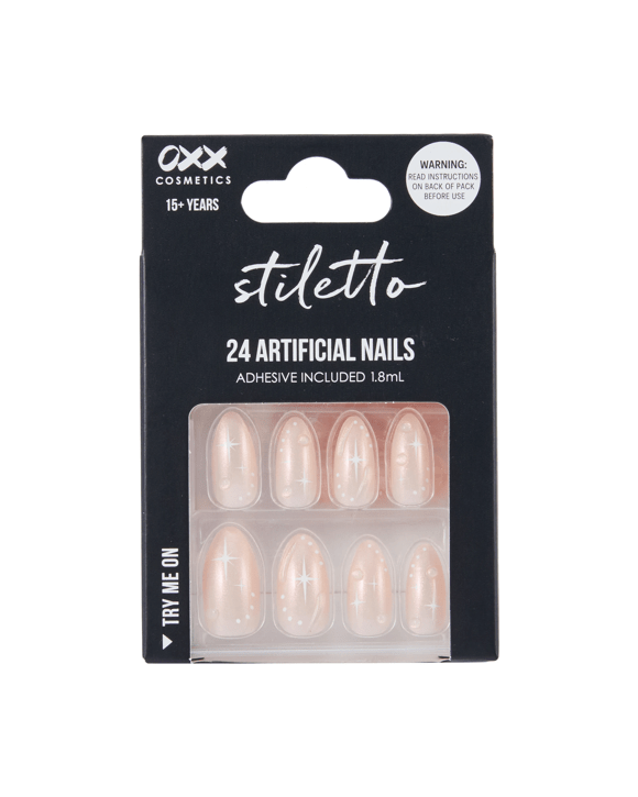 OXX Cosmetics 24 Pack Artificial Nails with Adhesive - Stiletto Shape, Soft Pink