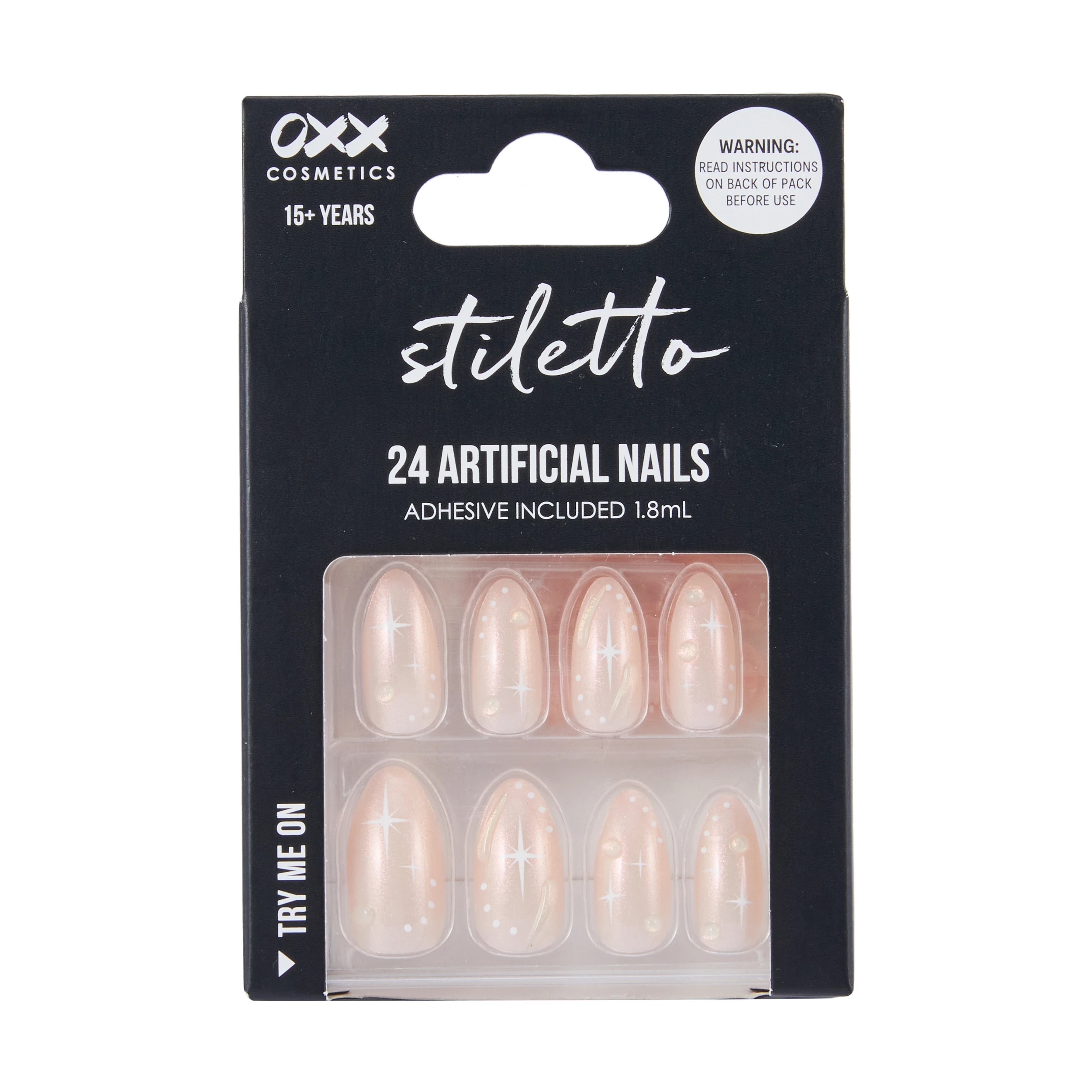 1 OXX Cosmetics 24 Pack Artificial Nails with Adhesive - Stiletto Shape, Soft Pink, 1 of 4