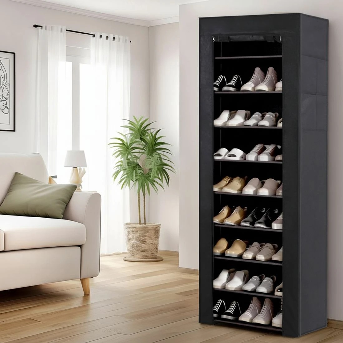 1 Artiss Shoe Rack Cabinet 10-Tier Removable Cover Dustproof Entryway Organizer Space Saving Easy Assembly - Black, 1 of 8