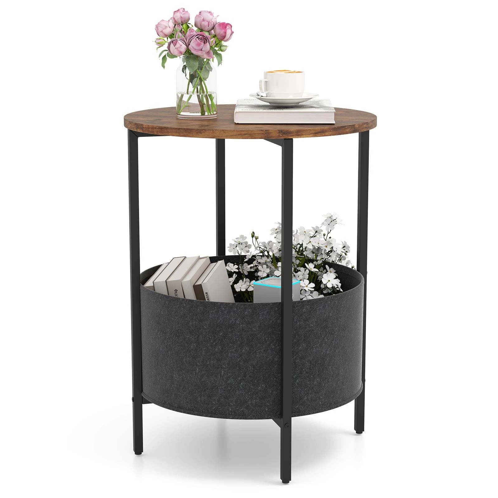 4 Costway 2-Tier Round Sofa Side End Table Accent Coffee Table w/Storage Basket, 4 of 4