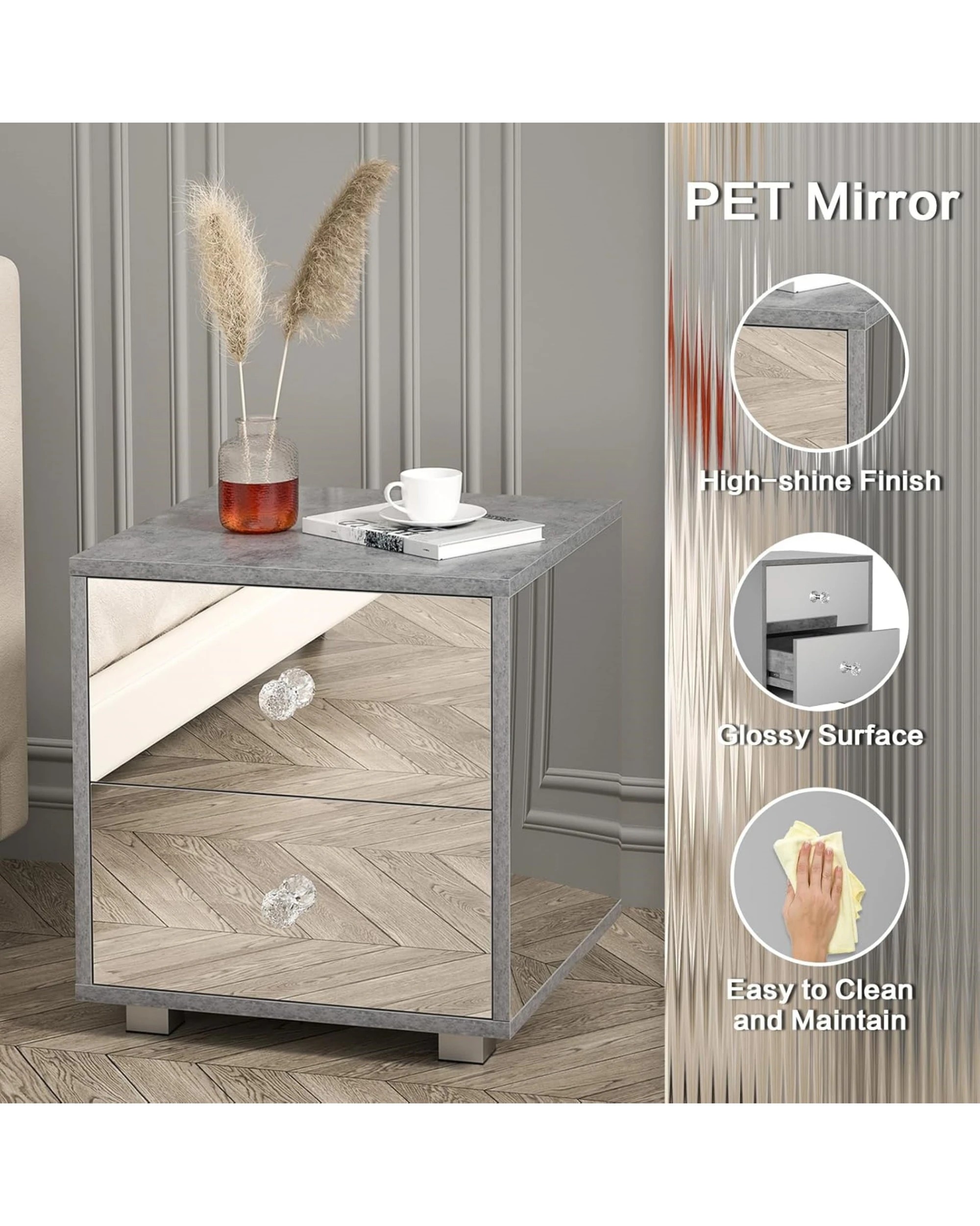 6 Advwin Mirrored Bedside Table Nightstand Storage Cabinet, 6 of 8