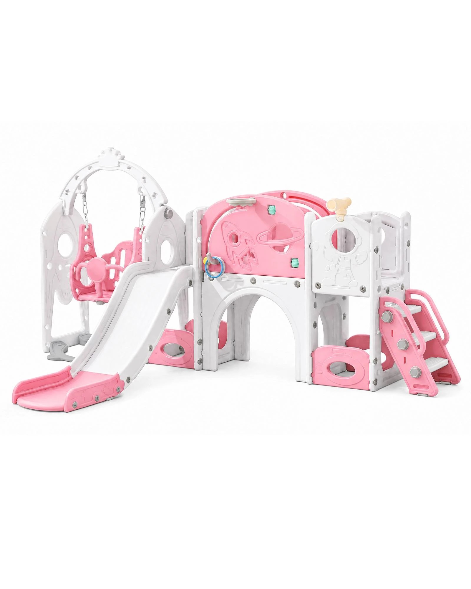 1 Advwin 10-in-1 Kids Slide Swing Set Indoor Outdoor Toddler Playground Activity Centre Kids Playset, Pink+White - Pink, 1 of 8