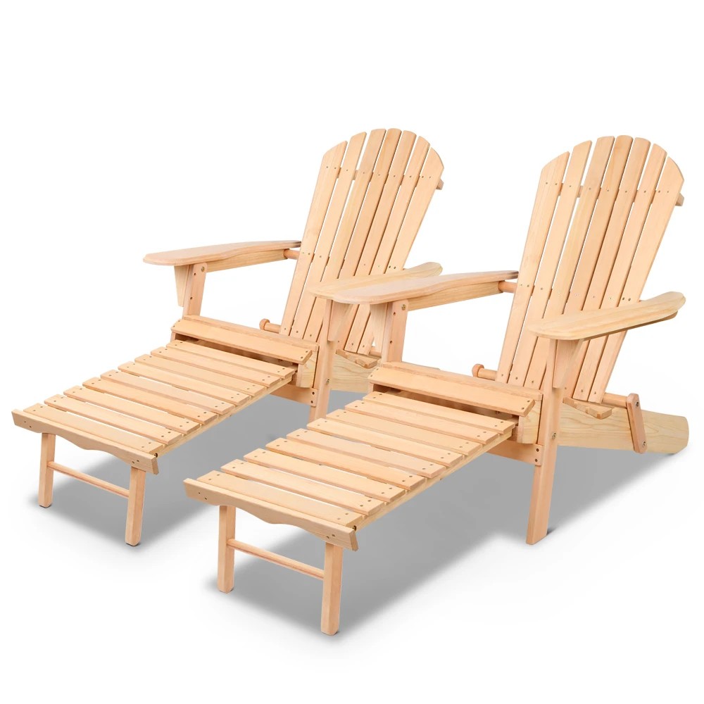 1 Gardeon 2PC Adirondack Outdoor Chairs Wooden Sun Lounge Patio Furniture Garden - Natural, 1 of 5