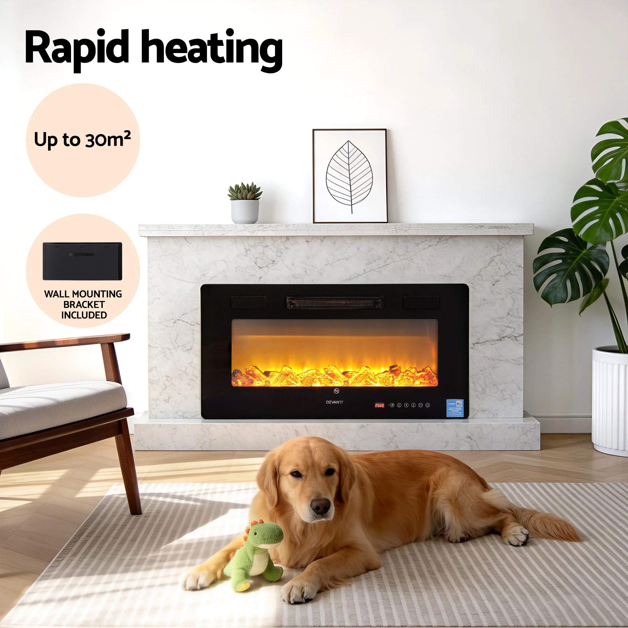 6 Devanti Electric Fireplace Fire Heater Wall Mounted Insert 3D Flame 1800W Remote - Black, 6 of 9